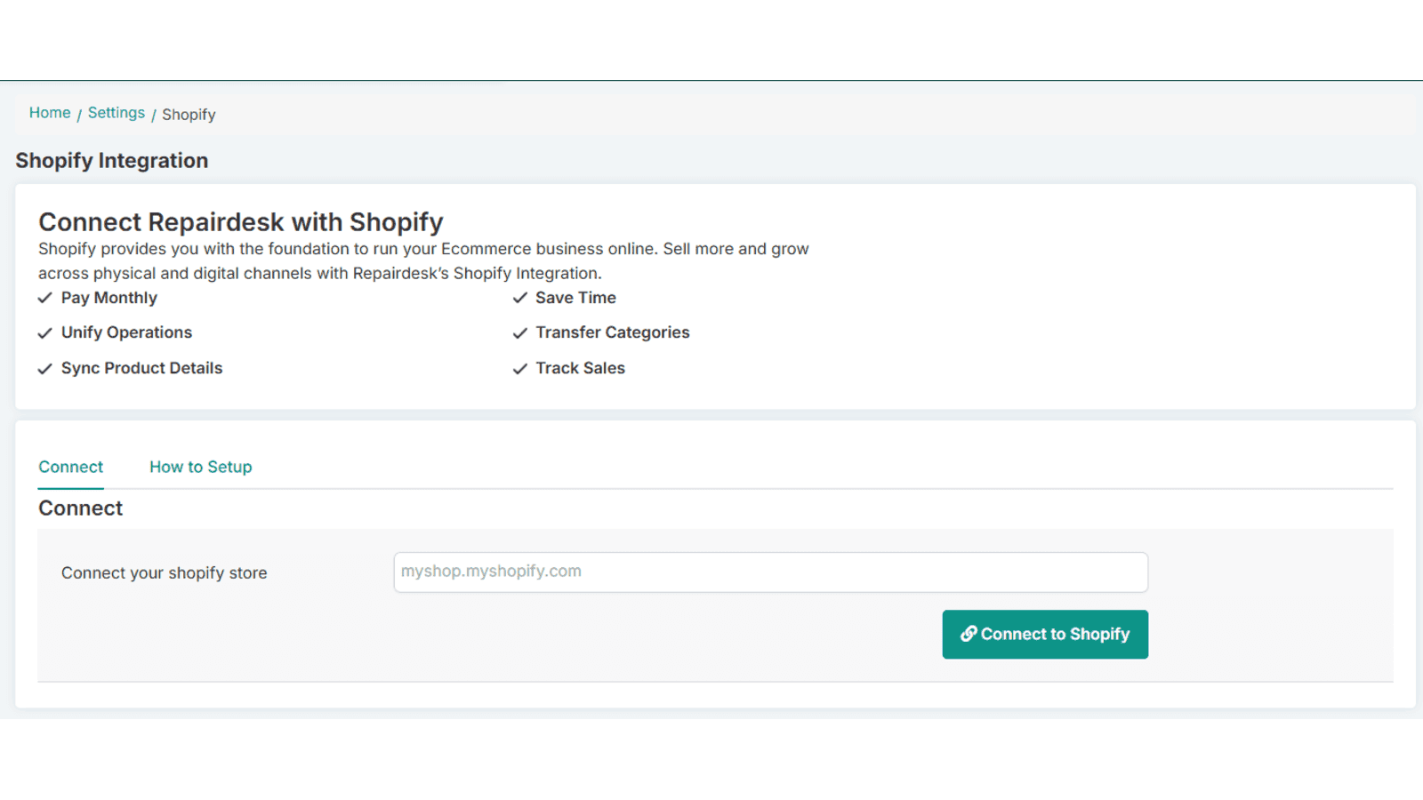 RepairDesk Shopify Integration connection page