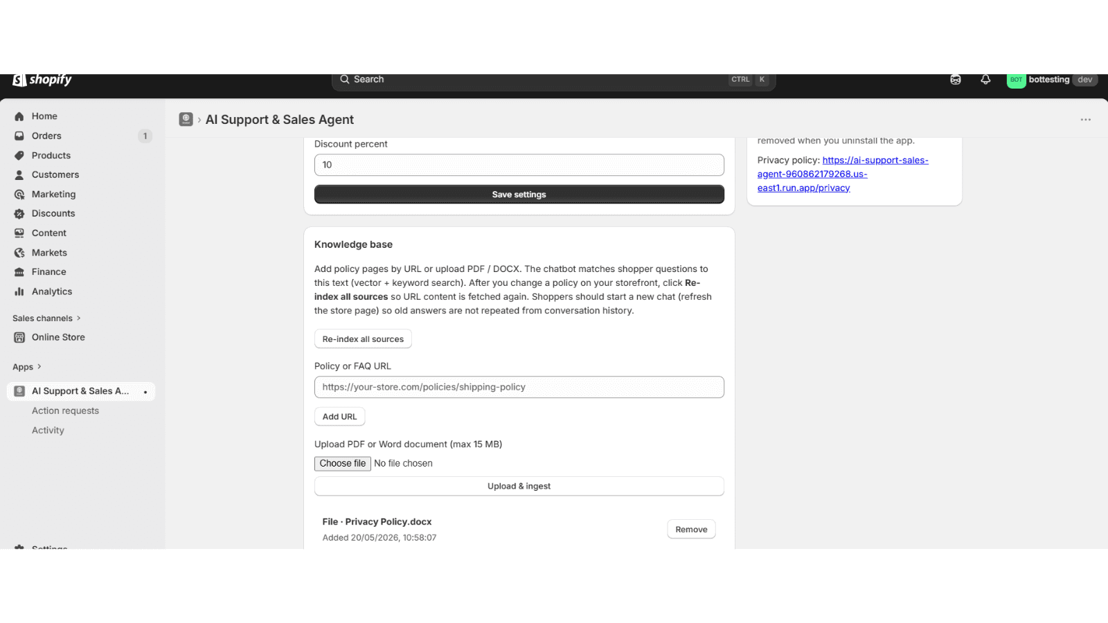 This is the app admin page where user can upload files and url