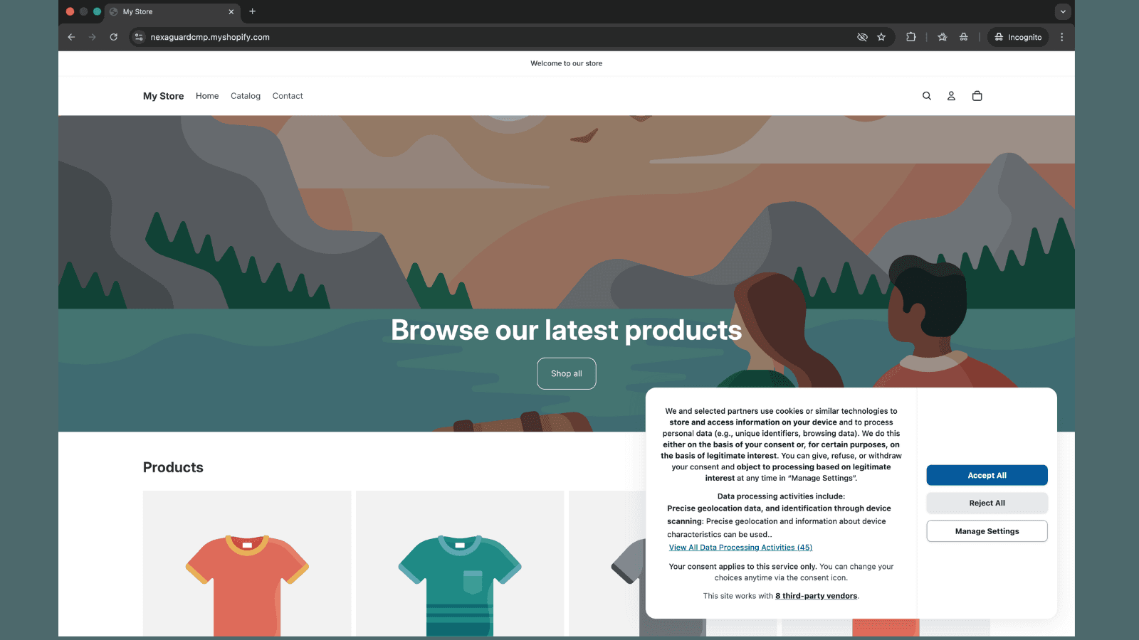 Cookie consent banner displayed at bottom of store page