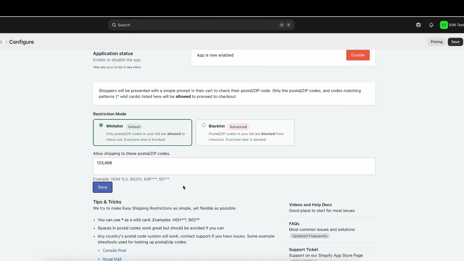 Easily manage postal/ZIP codes in your Shopify Admin.