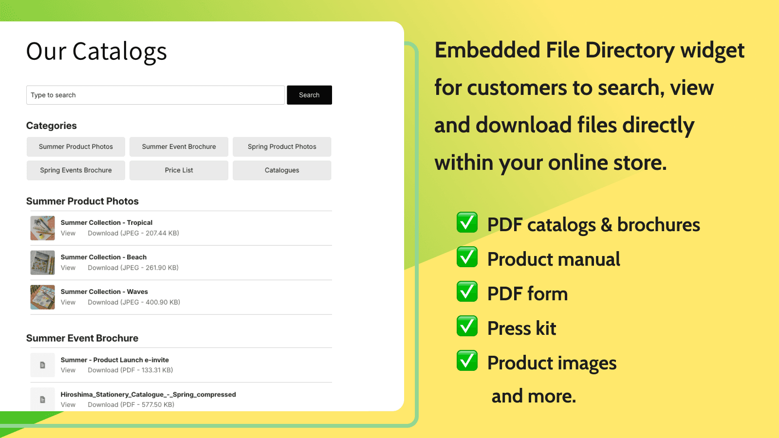 Embed File Search box Shopify with document and file directory