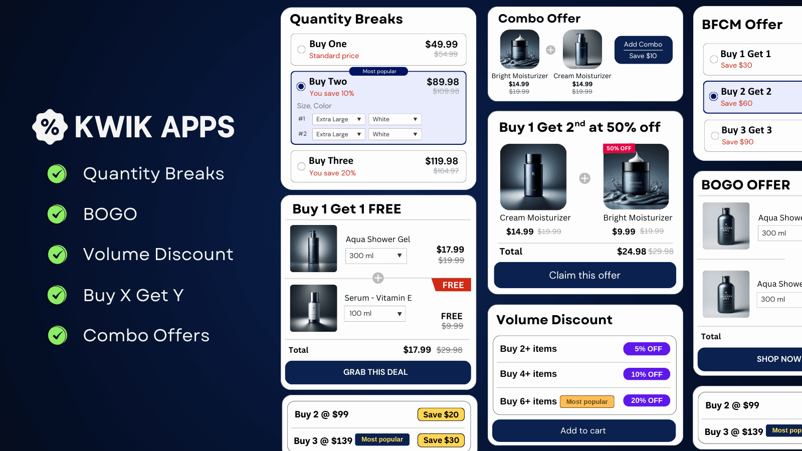 Volume discount, BOGO,Free Gift, Quantity breaks, product bundle