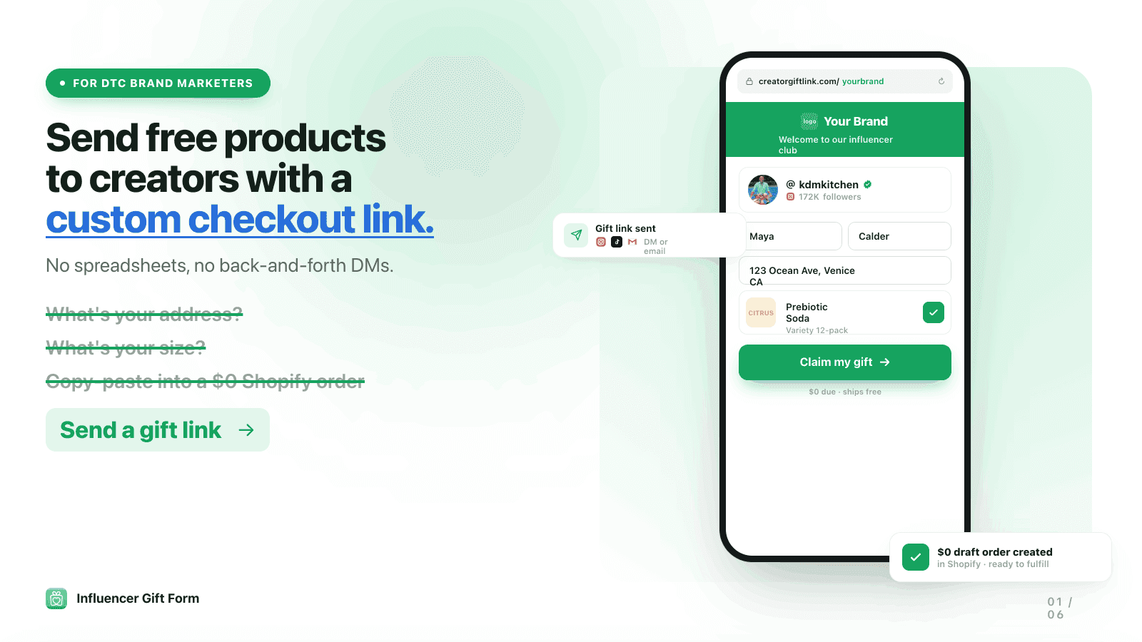 Send free products to influencers with a link