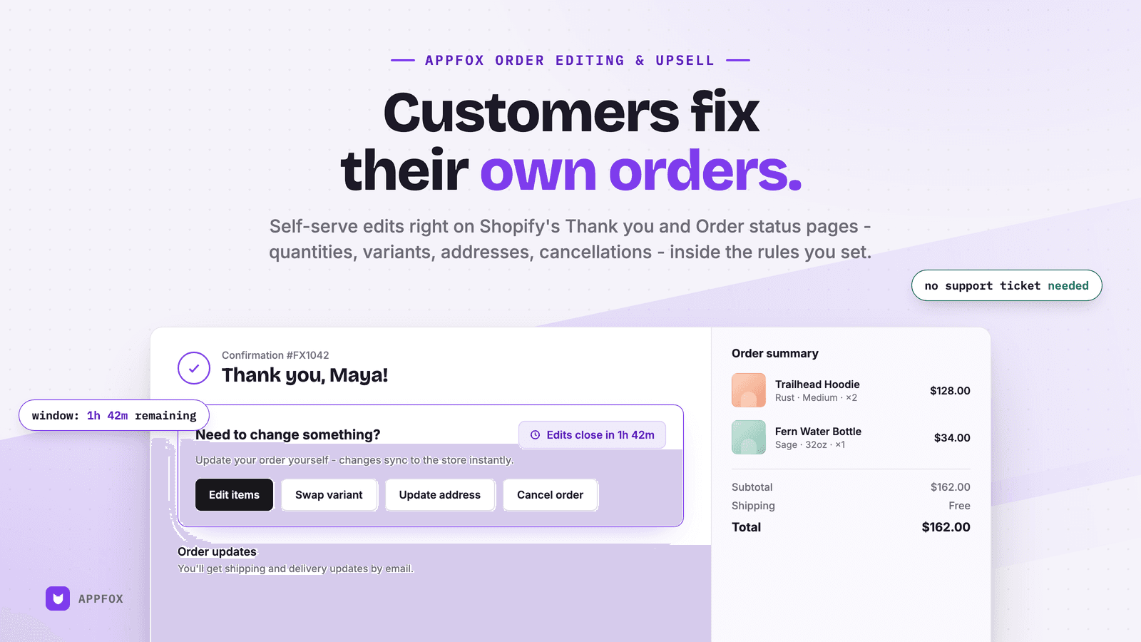 Customer self-editing an order with an edit-window timer