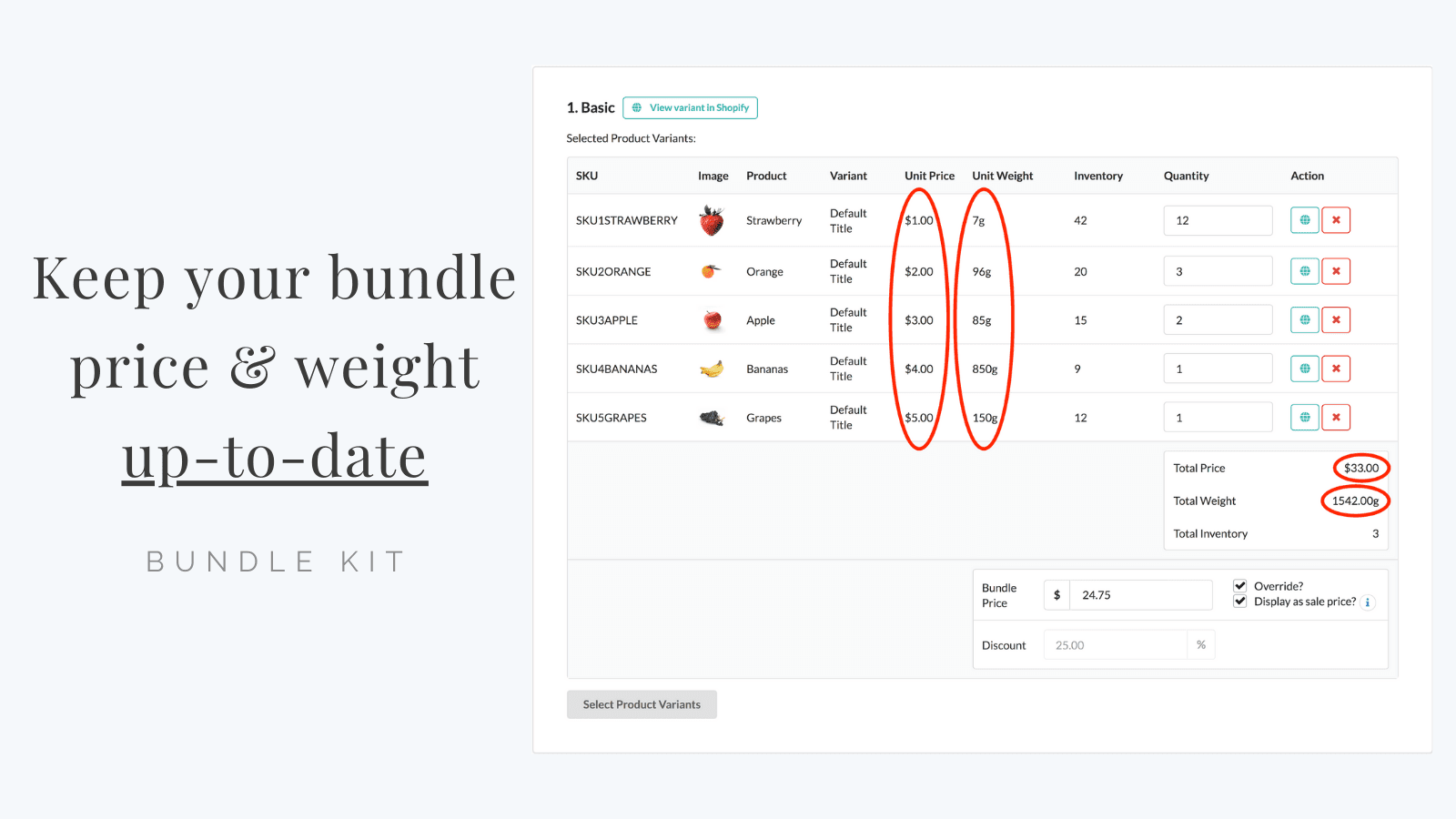 Keep your bundle price and weight up-to-date