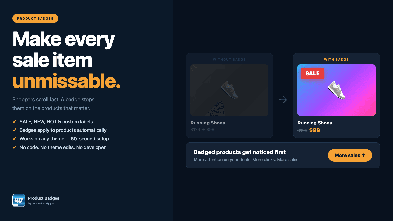 Make every sale item unmissable. Product Badges by Win-Win Apps