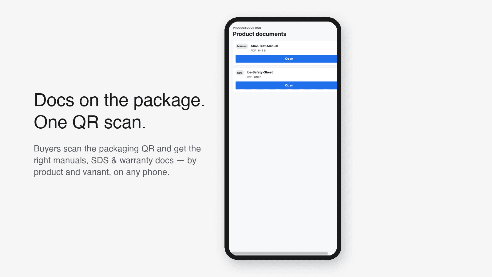 Packaging QR opens product documents on a phone