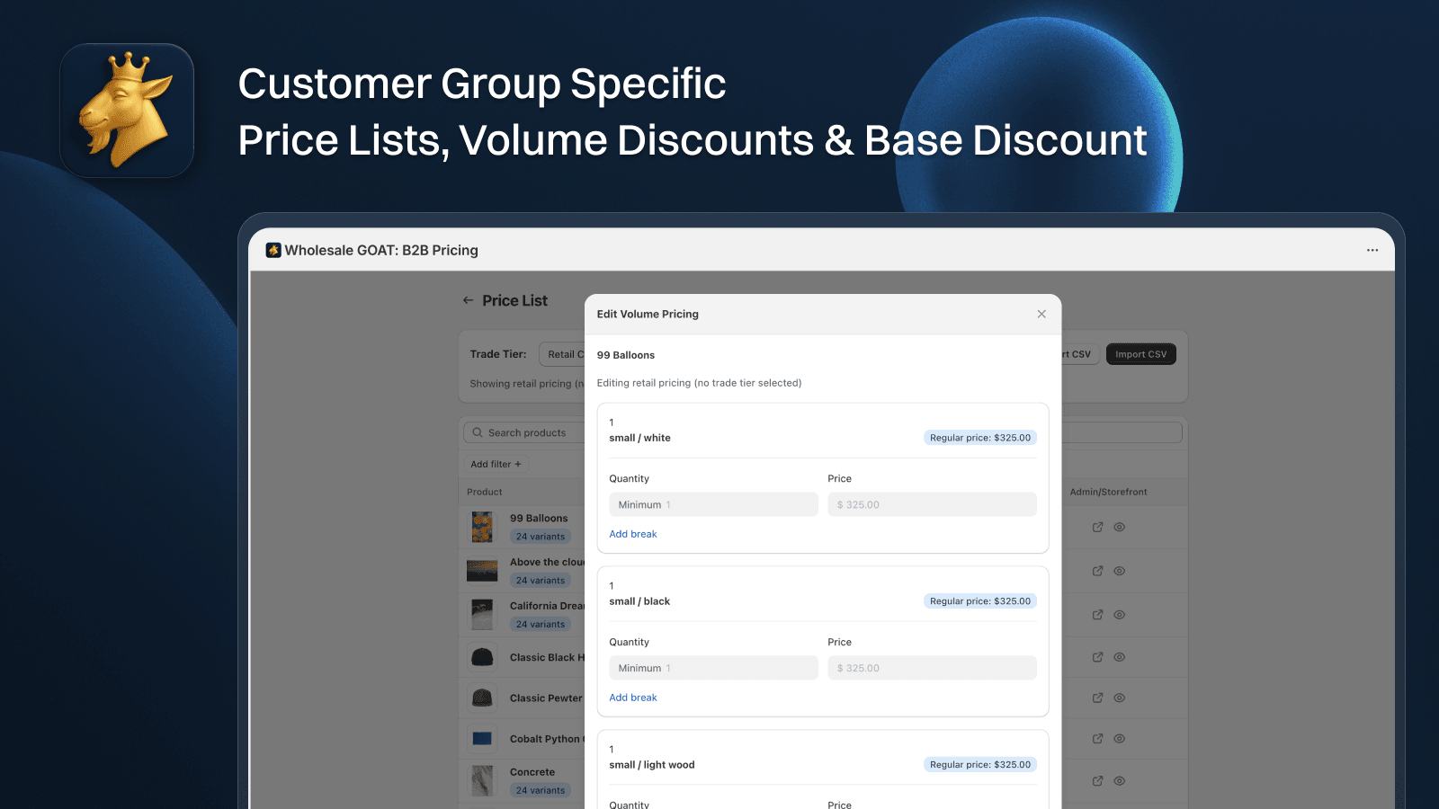 Customer group specific price lists, volume & base discounts