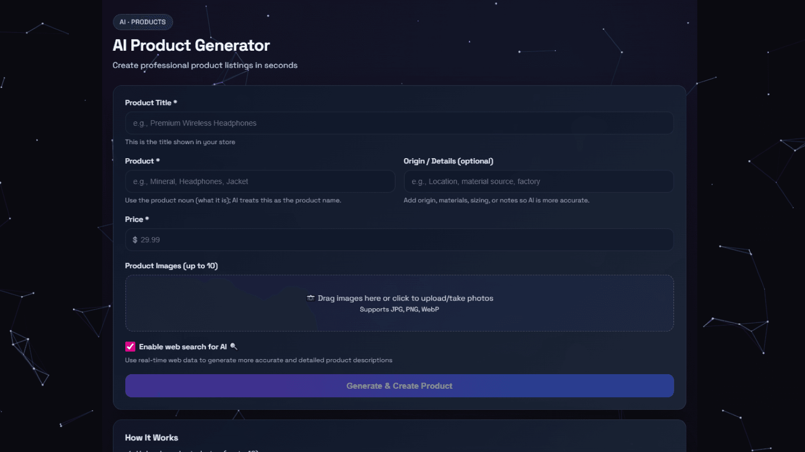 AI product creation page showing inputs for product data fields