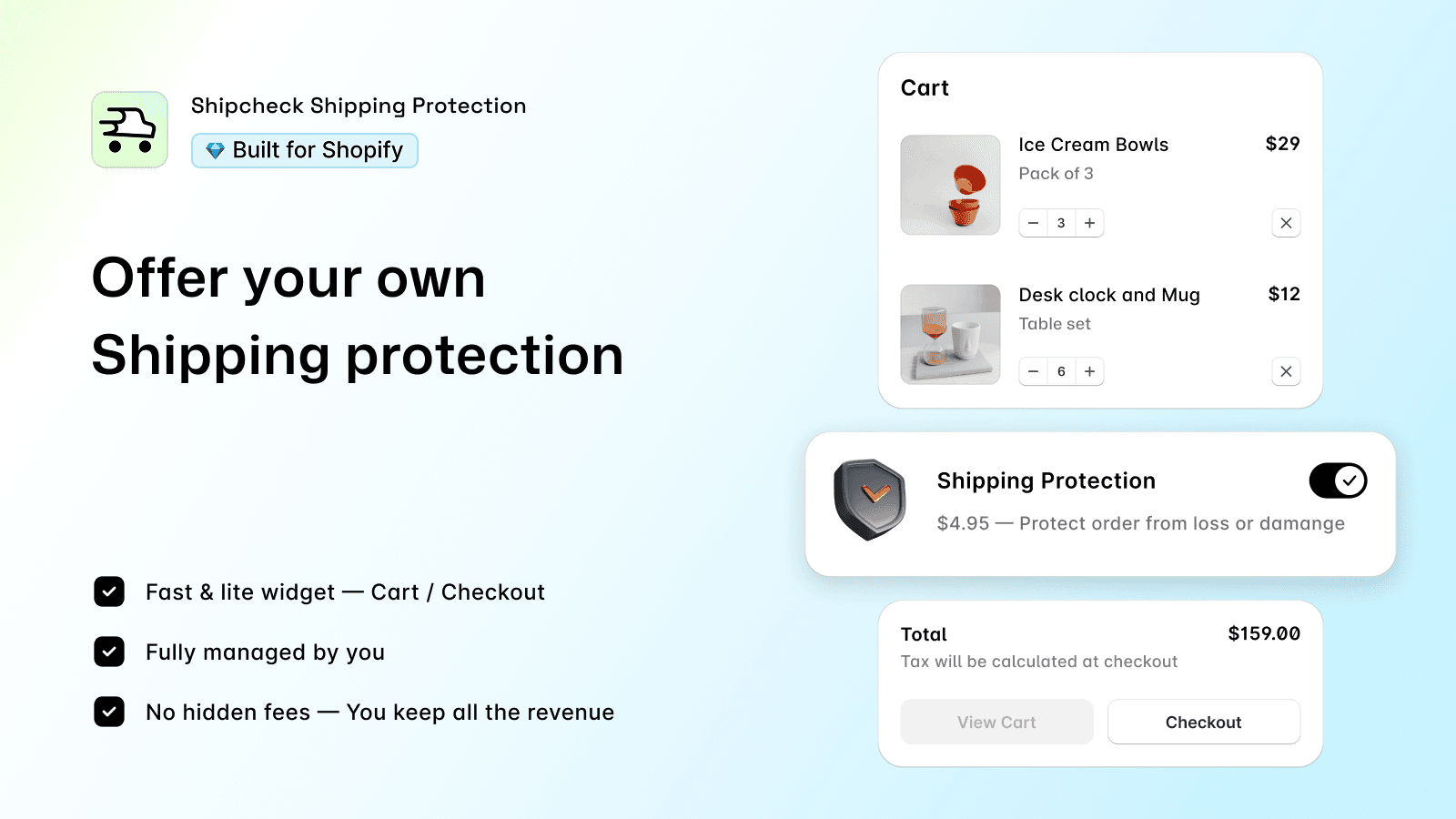 Shipcheck shipping protection widget shown in Shopify cart