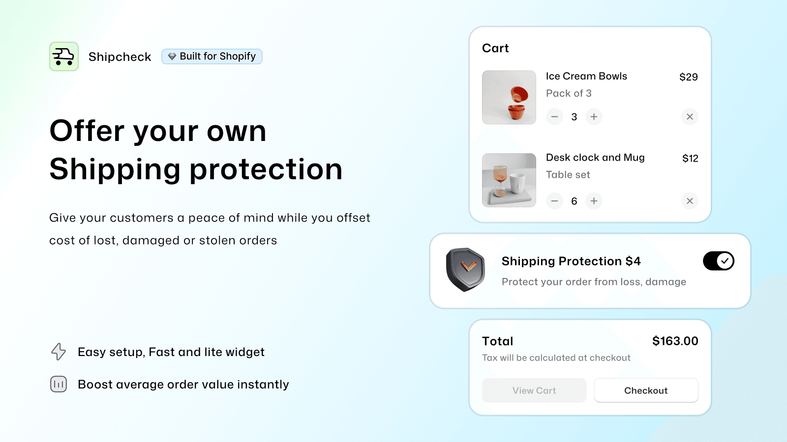 Shipcheck shipping protection widget shown in Shopify cart