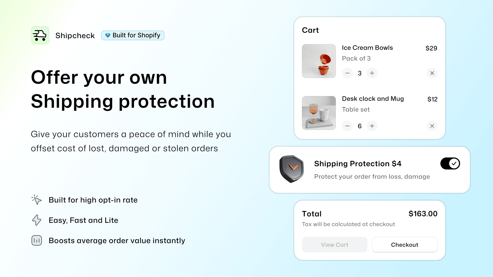 Shipcheck shipping protection widget shown in Shopify cart