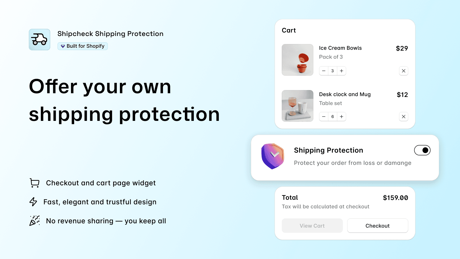 Shipcheck shipping protection widget shown in Shopify cart