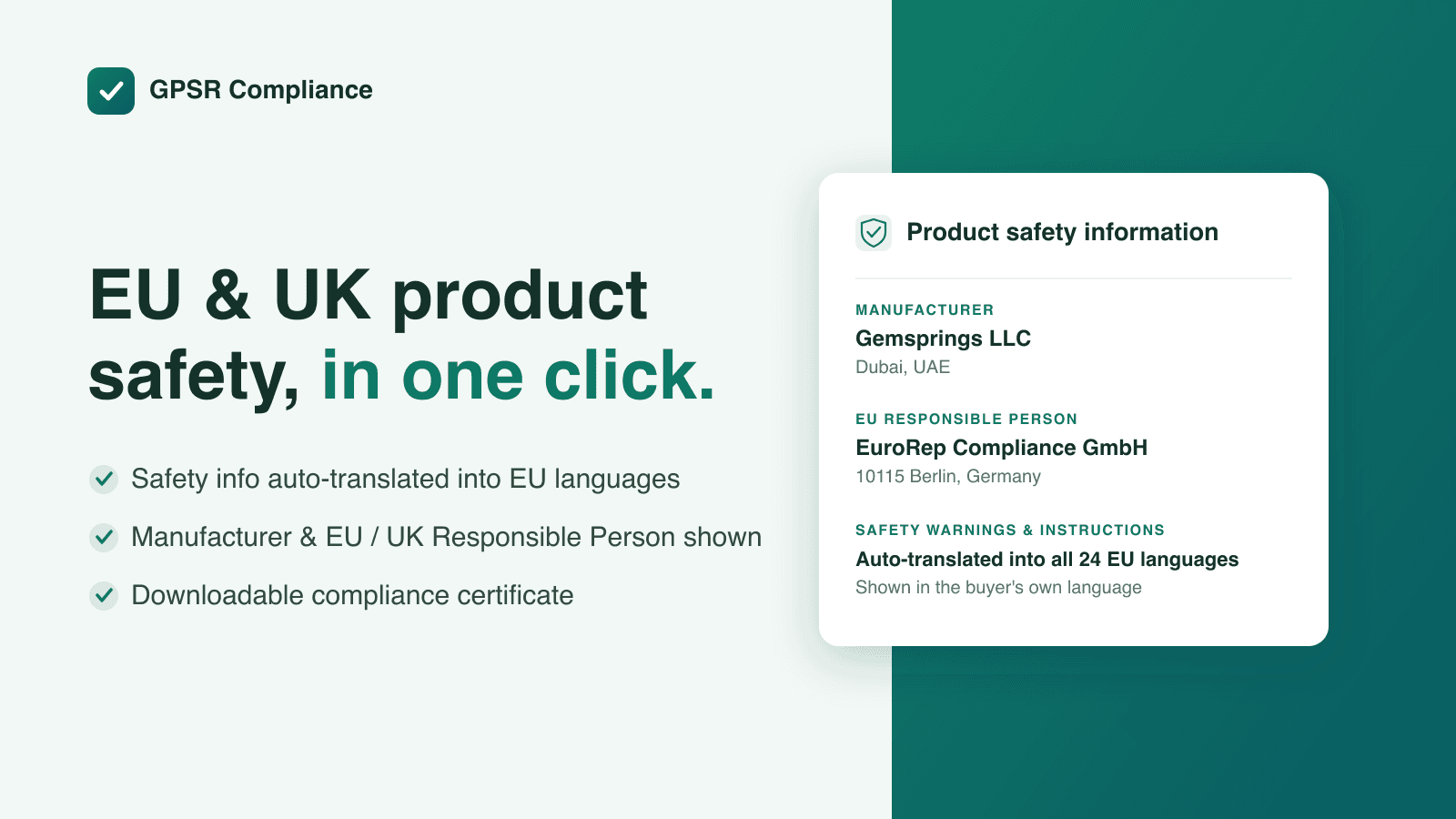GPSR Compliance: EU & UK product safety info, in one click