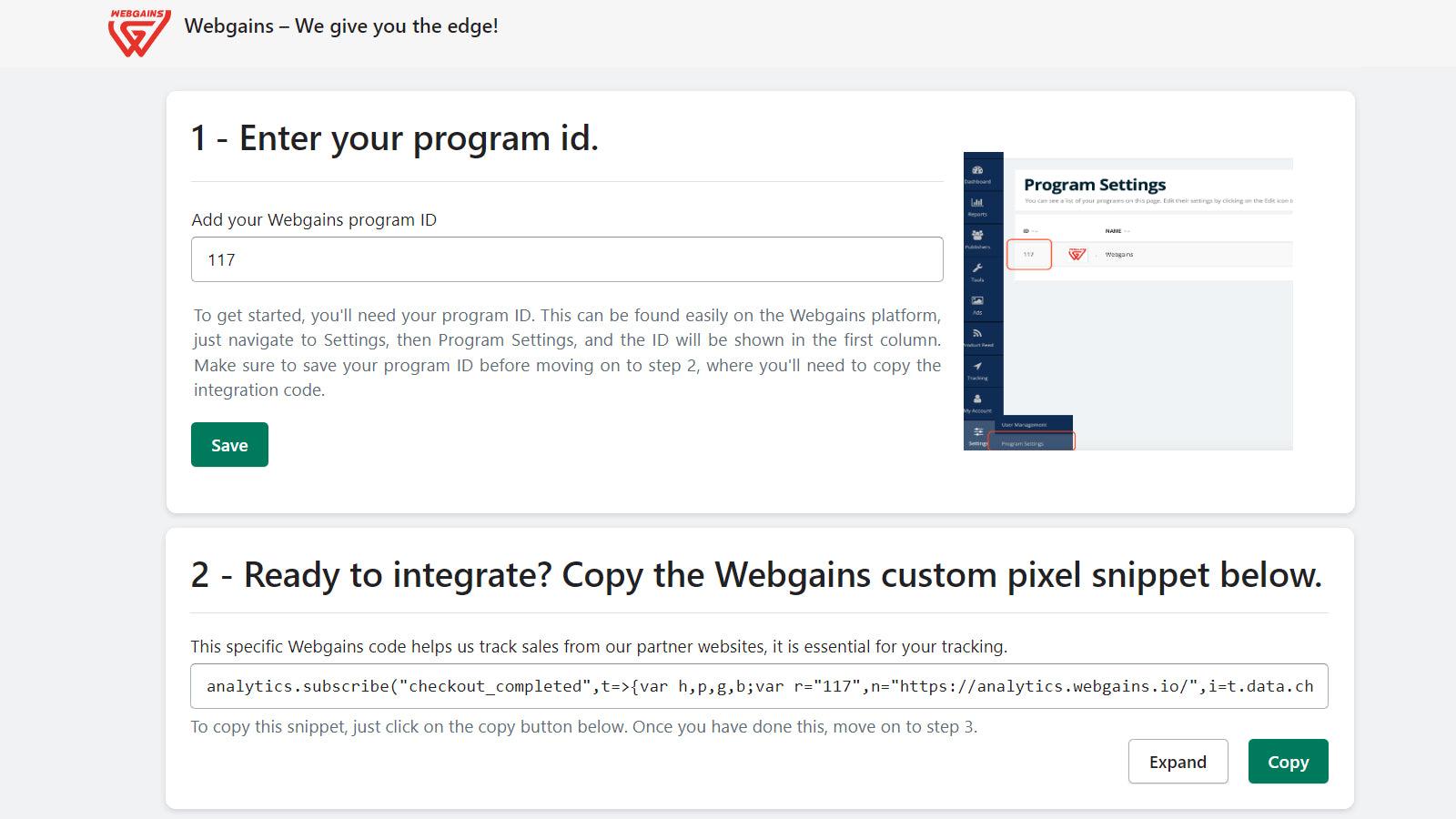 Webgains single page app install