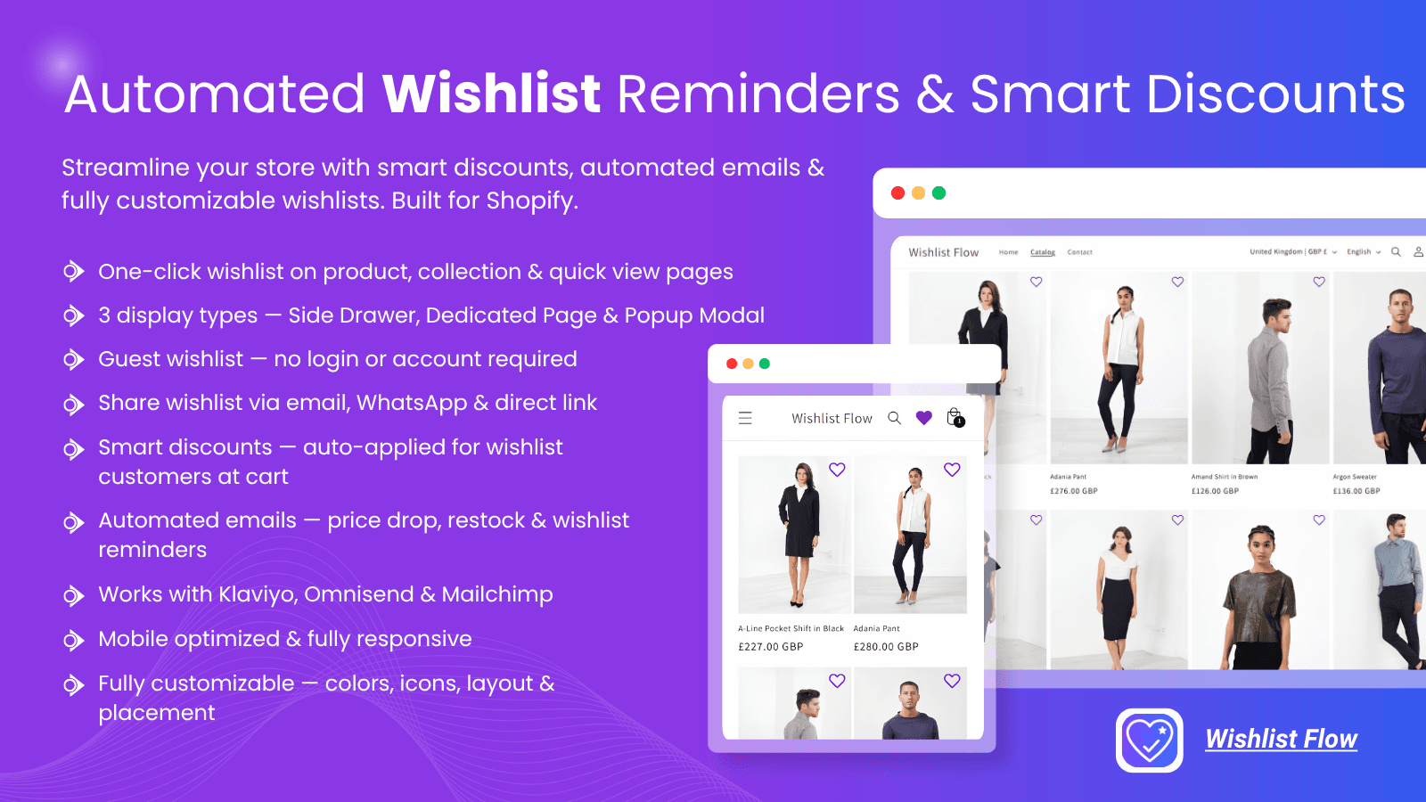 Wishlist Flow app features banner with smart discount promo.