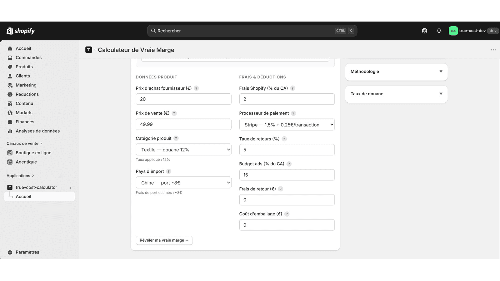 Interface du calculateur de marge True Cost Calculator