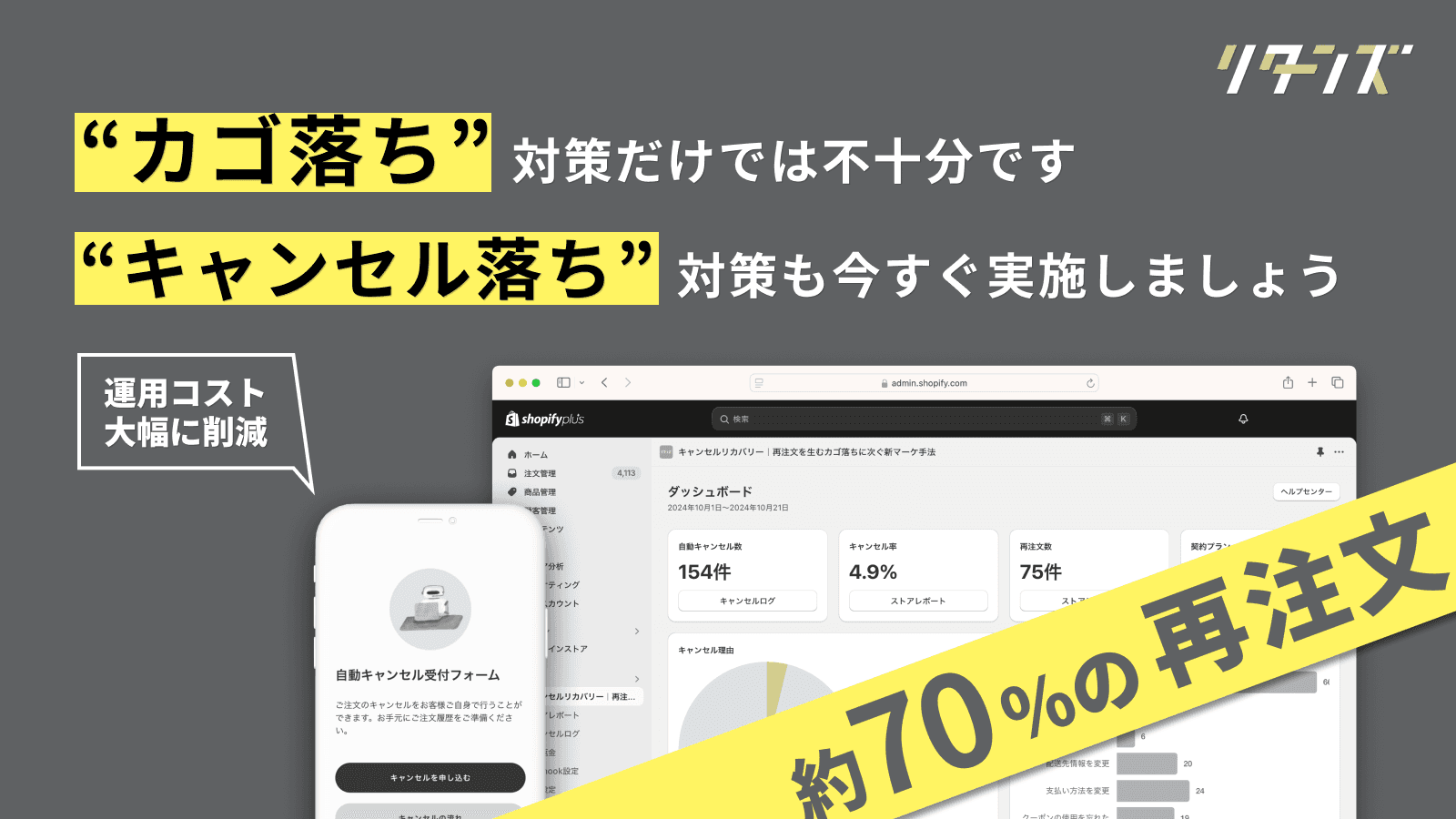 キャンセルリカバリー 自動キャンセルやダッシュボード機能の本アプリ単体でキャンセルリカバリーの機能が利用できます。