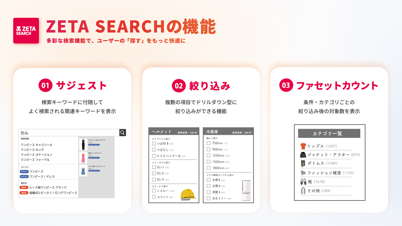 ZETA SEARCHの機能紹介1(サジェスト/絞り込み/ファセットカウント)