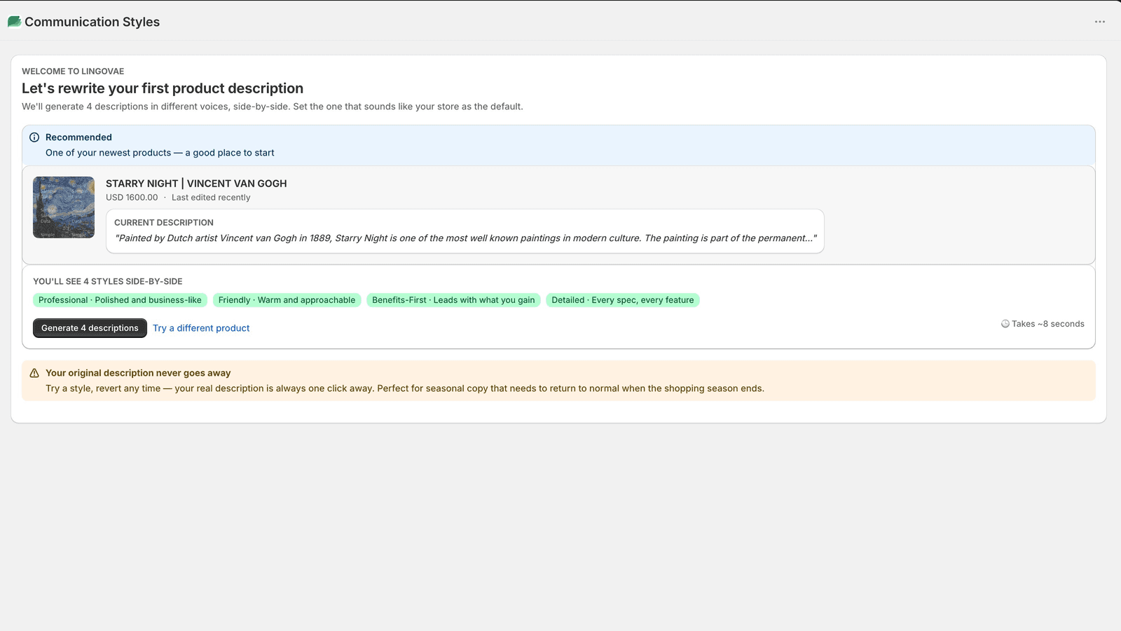 Communications Styles wizard showing a suggested product