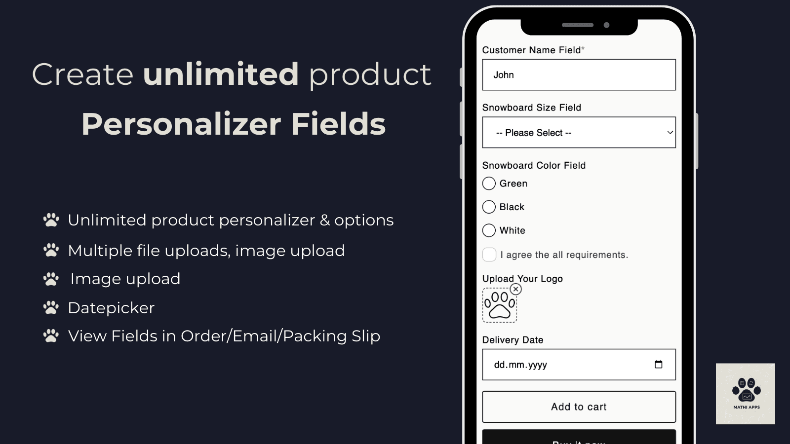 product personalizer, text field, file upload, order notes