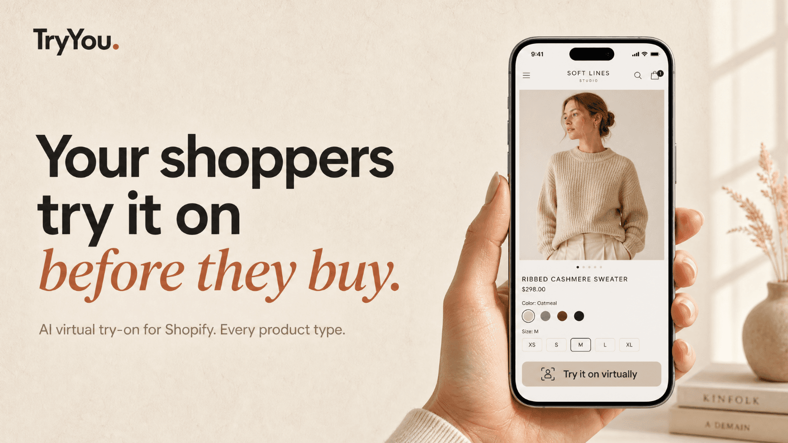 TryYou hero: AI try-on button on a product page, mobile mockup