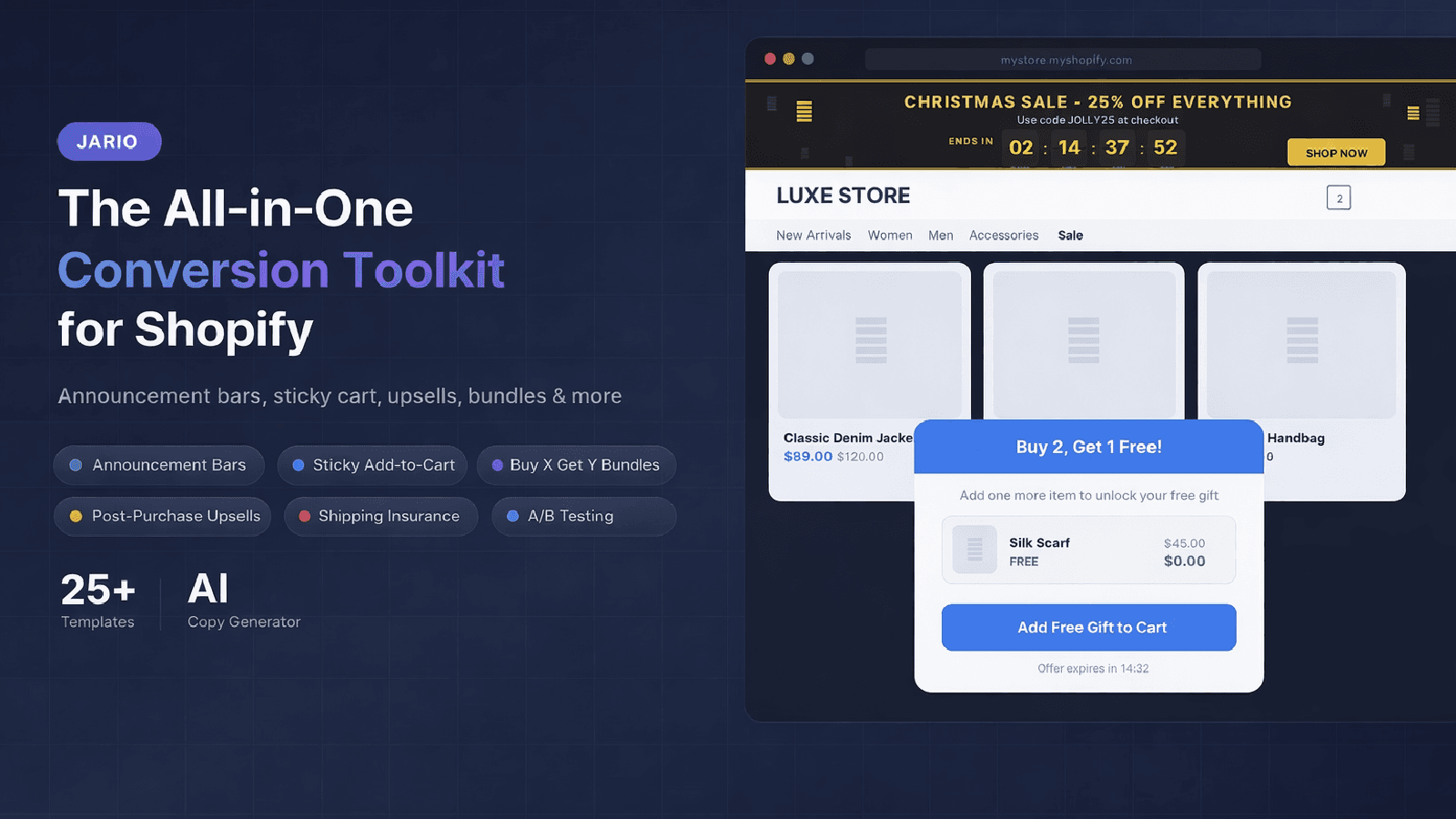 Announcement bars, countdown timers, and upsell popups