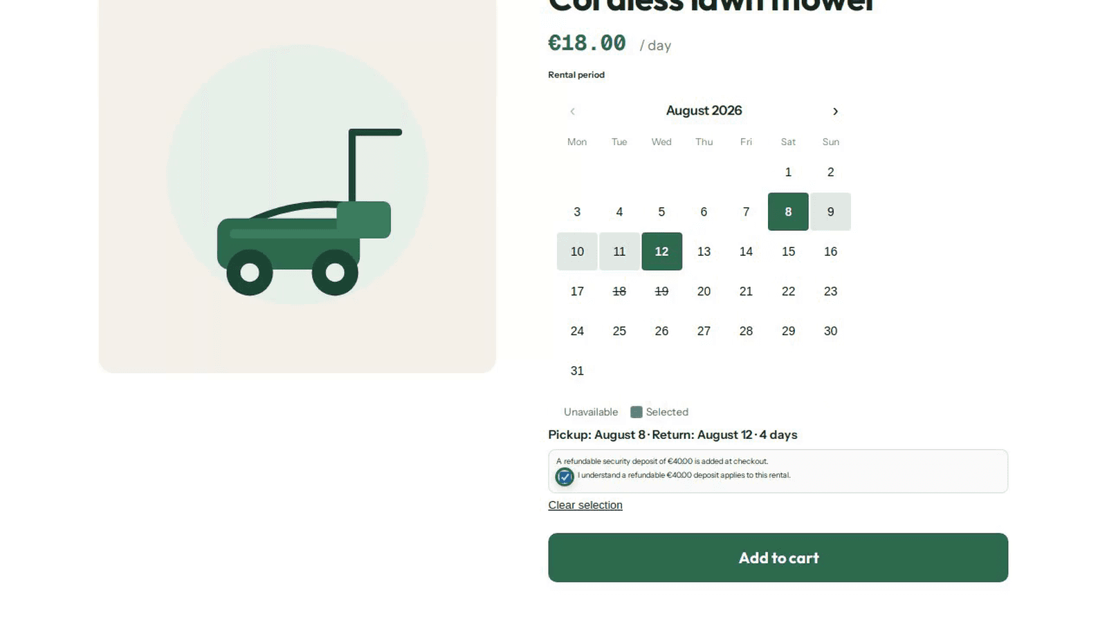 Booking calendar on the product page