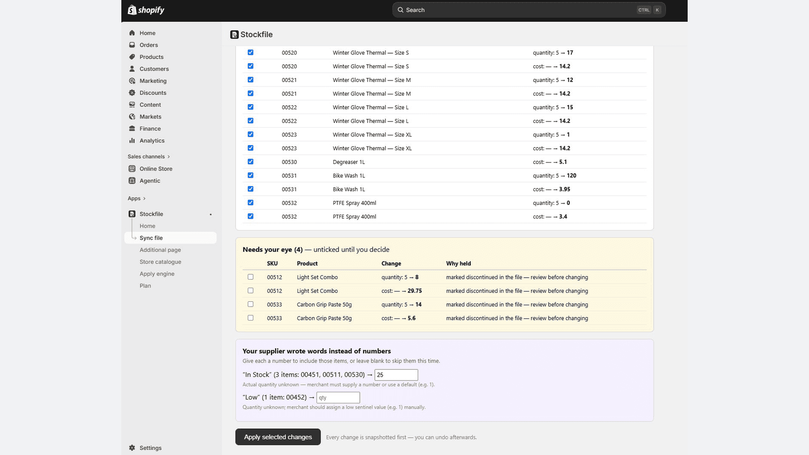 Stockfile review: before-and-after stock and cost changes