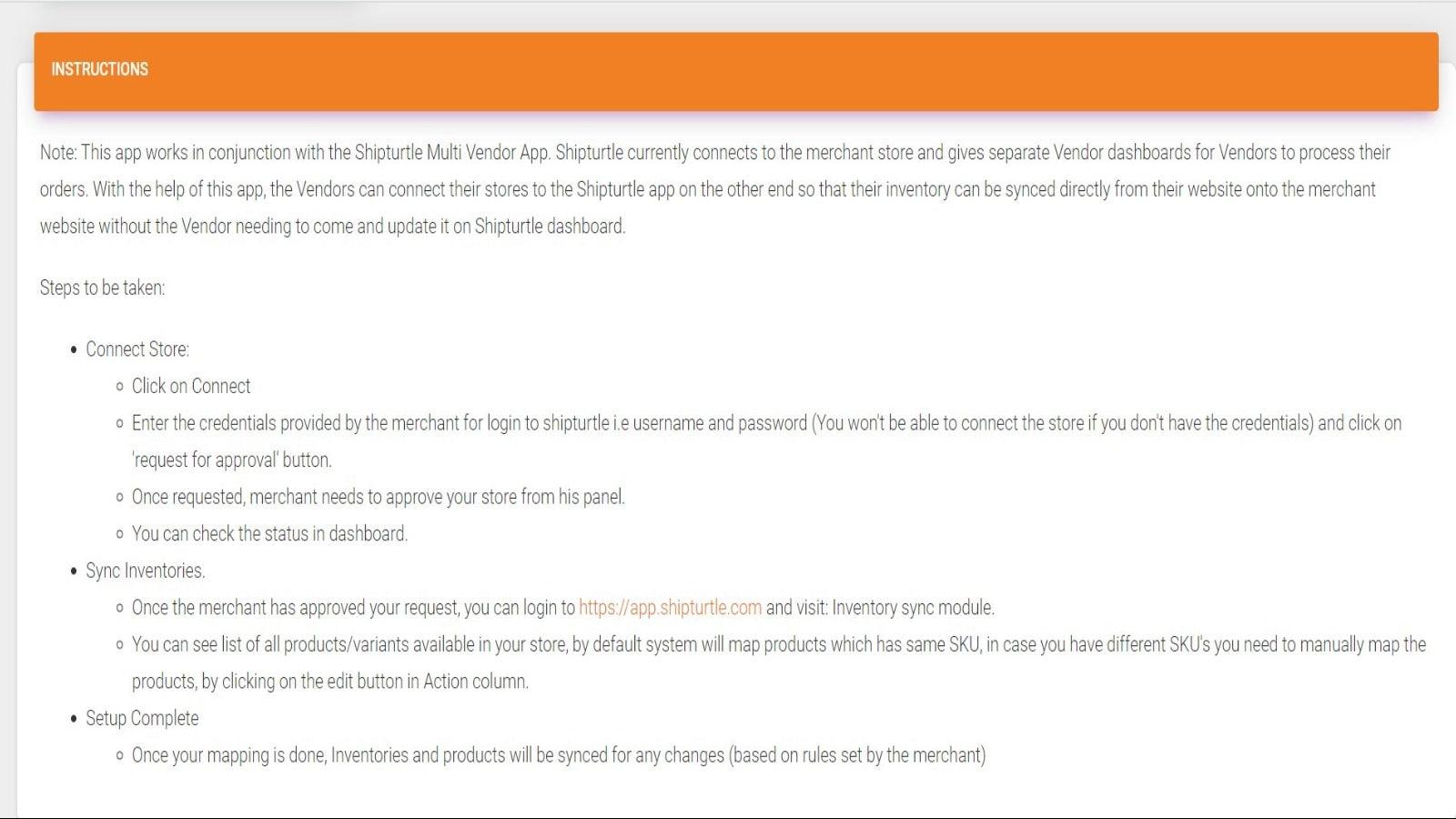 Installation page for Vendor on Vendor Store Sync