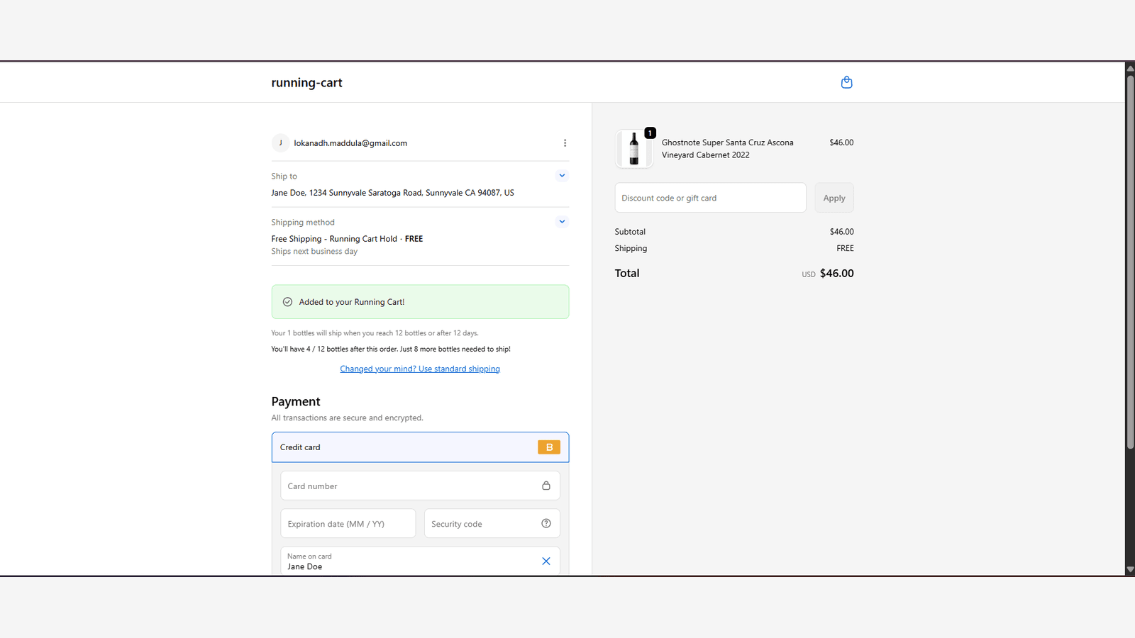 Customer checkout showing running cart to free shipping