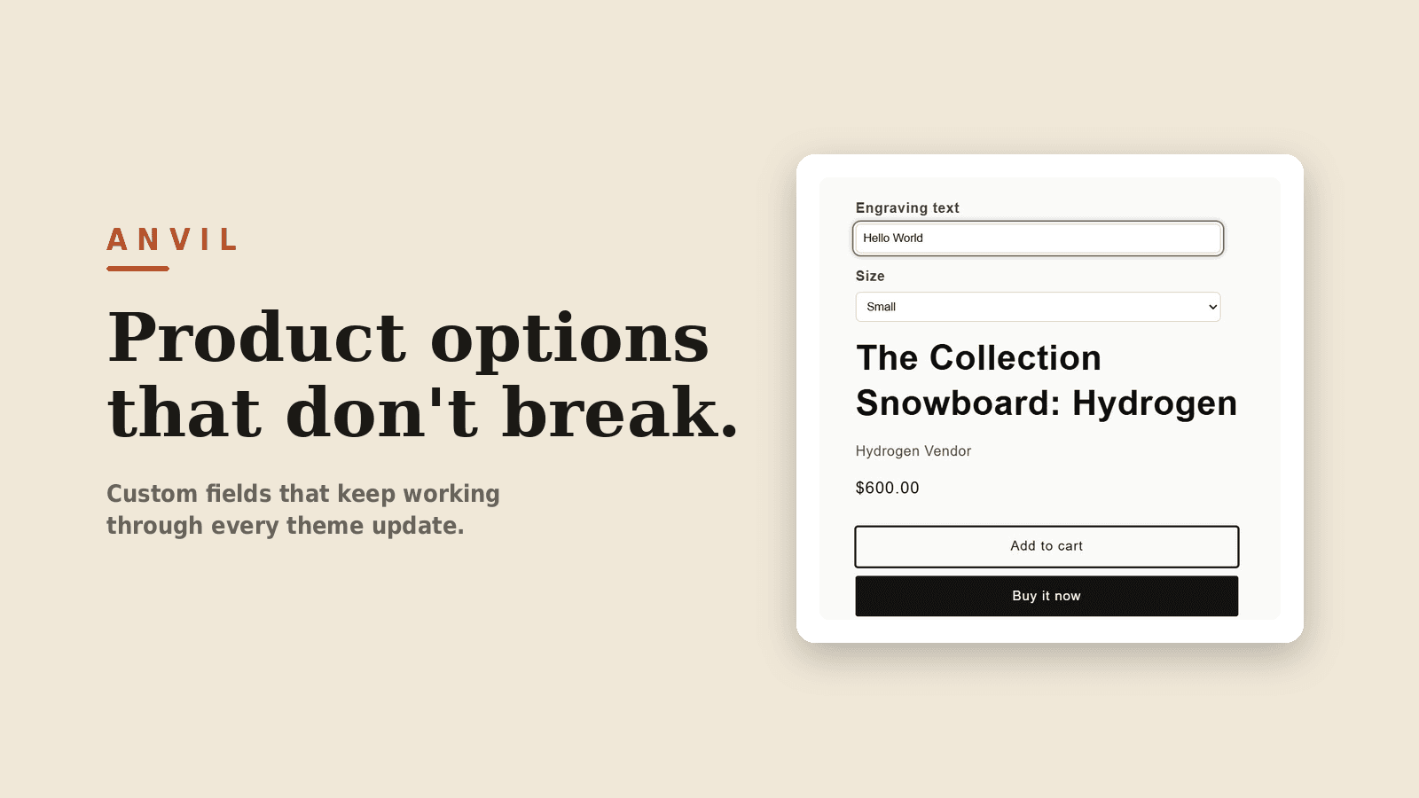 Anvil's custom engraving and size fields shown on a product page