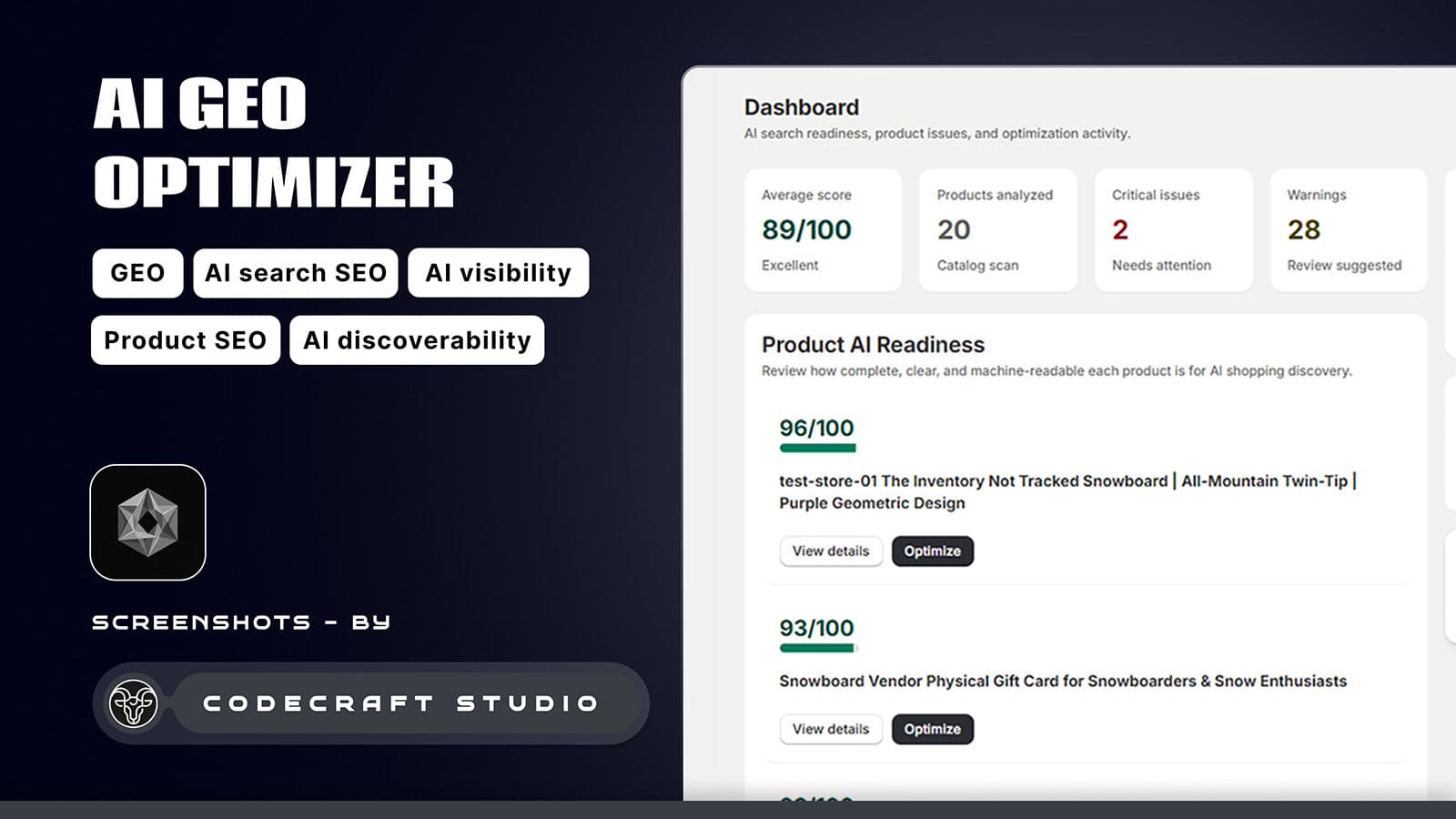 AI Geo Optimizer Dashboard with AI Visibility Scores