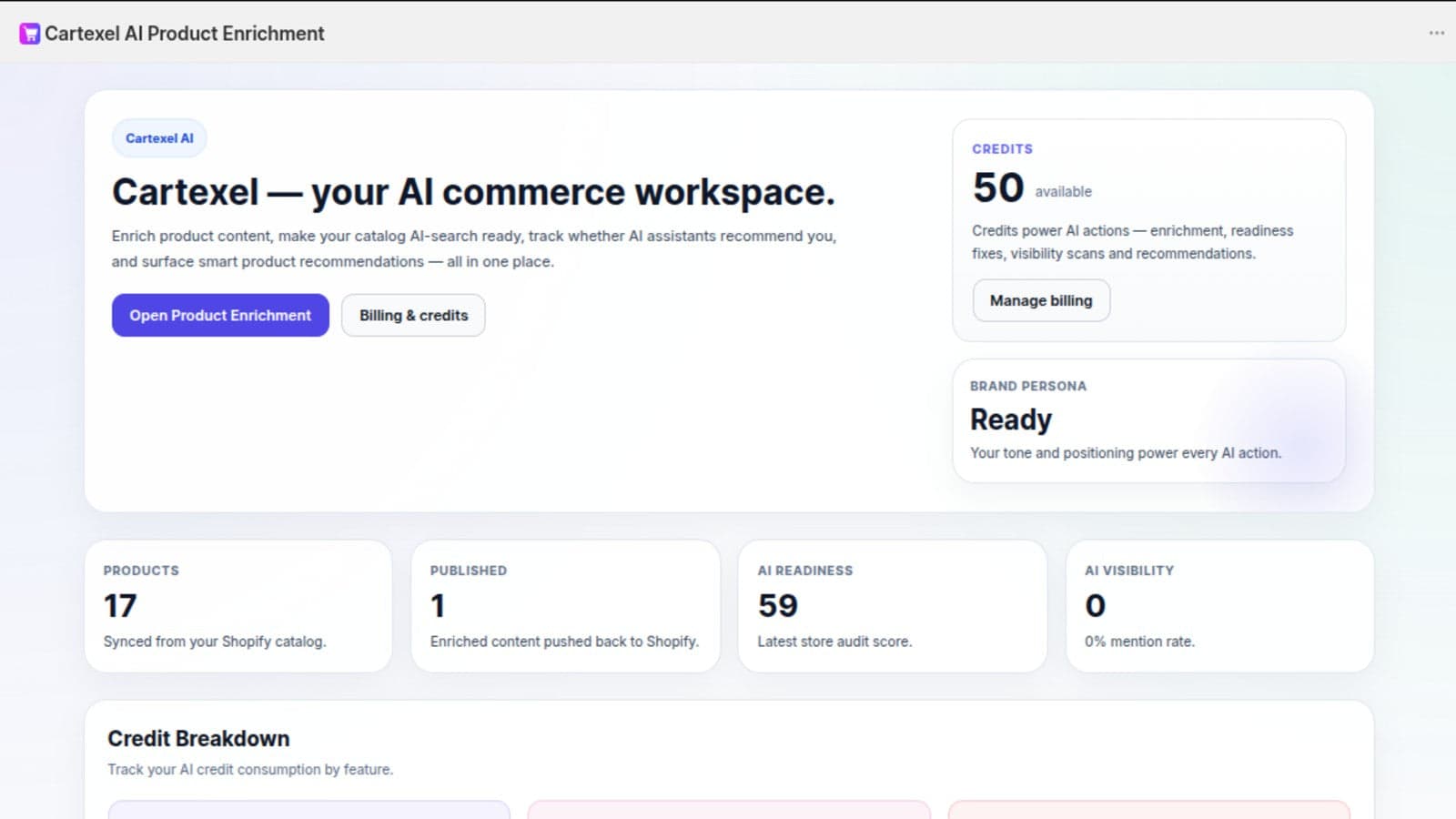 Cartexel AI dashboard showing enrichment activity