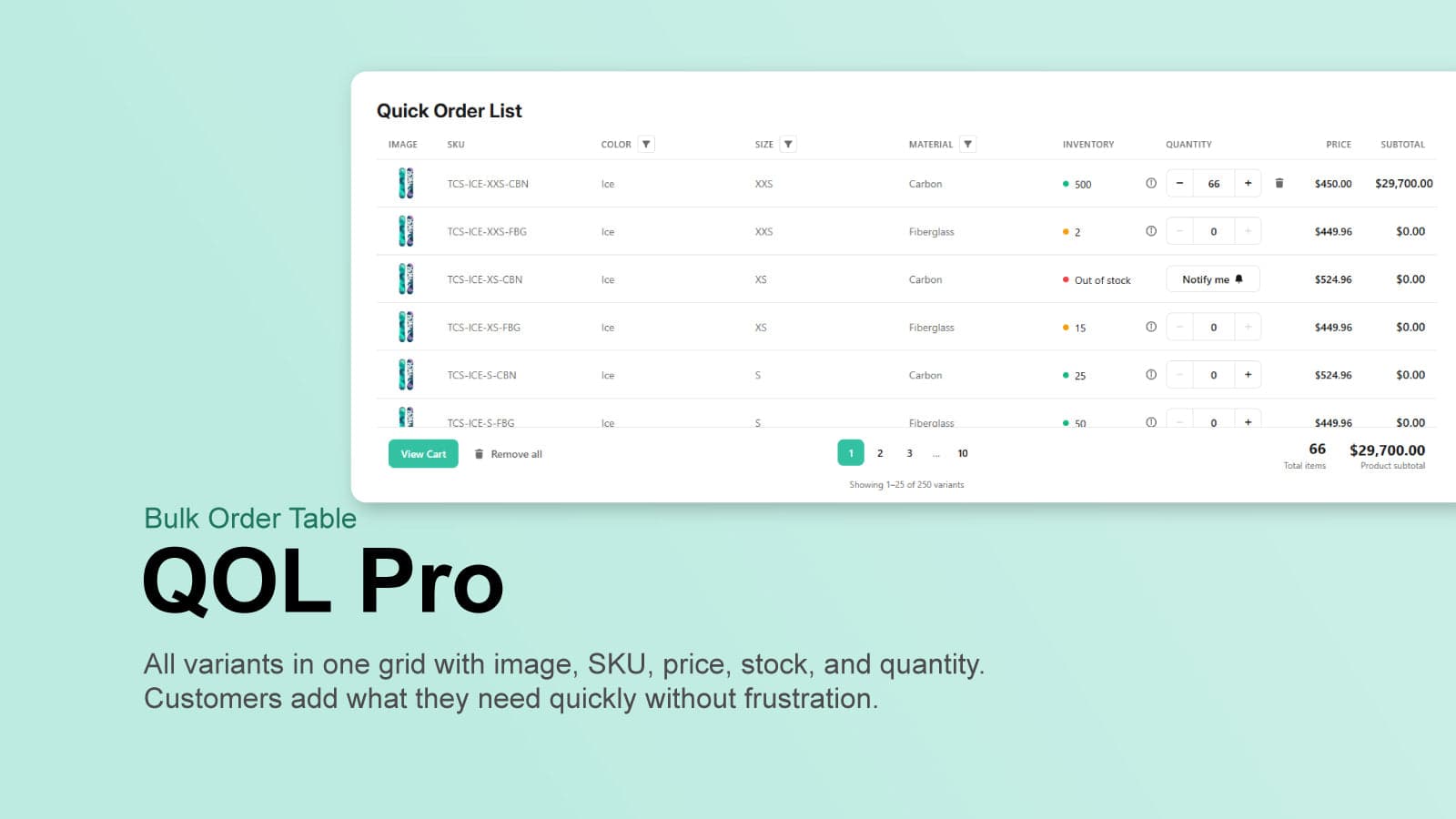 Quick order table with variant rows, quantities, and pricing