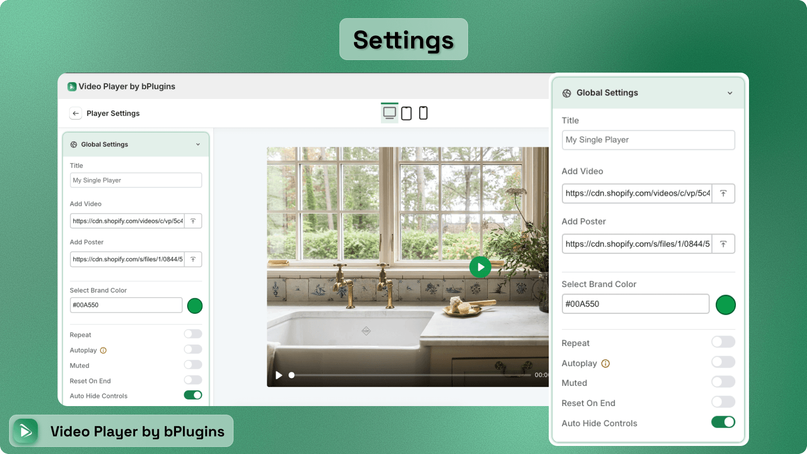 Video Player edit page with open settings panel and options menu