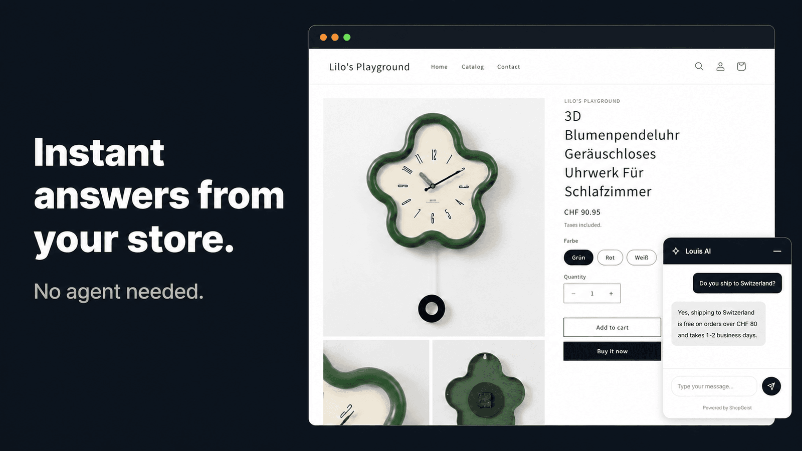 Shopgeist AI chat widget answering shipping question