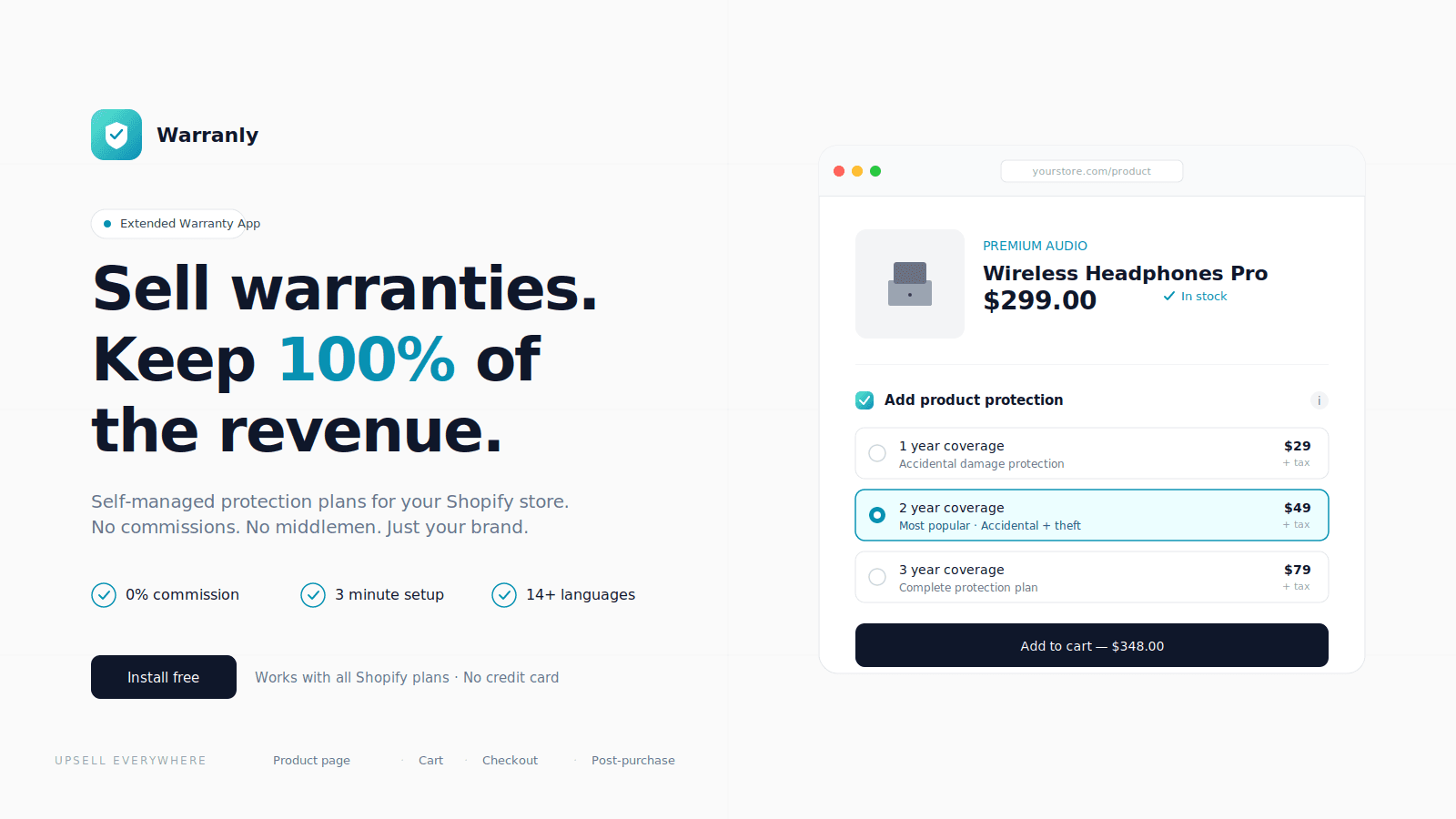 Warranly admin and warranty selector on a Shopify product page