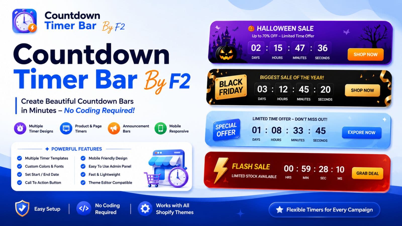 Countdown timer bar with announcement and flash sale timers