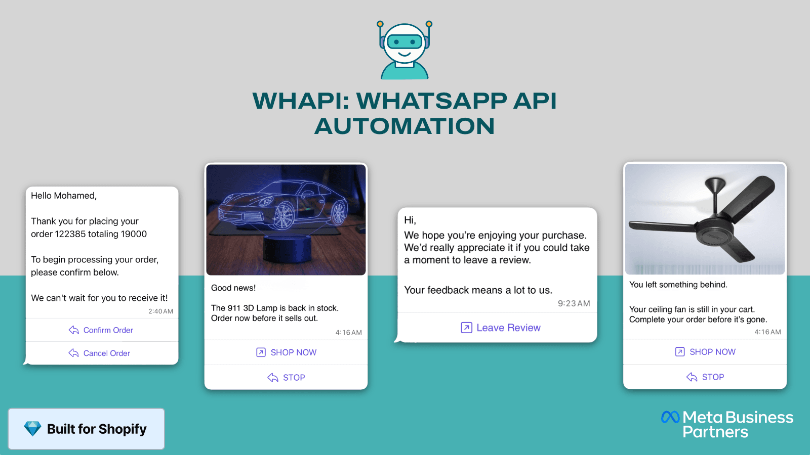 Whapi WhatsApp automation: order, back-in-stock, review, cart