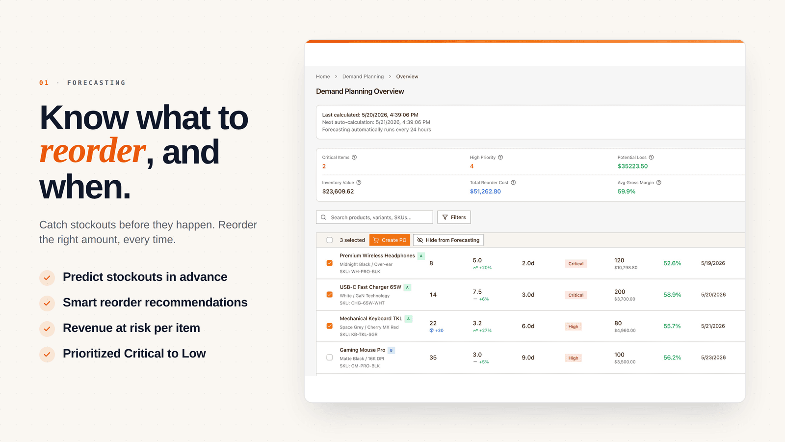 Demand planning dashboard with reorder recommendations