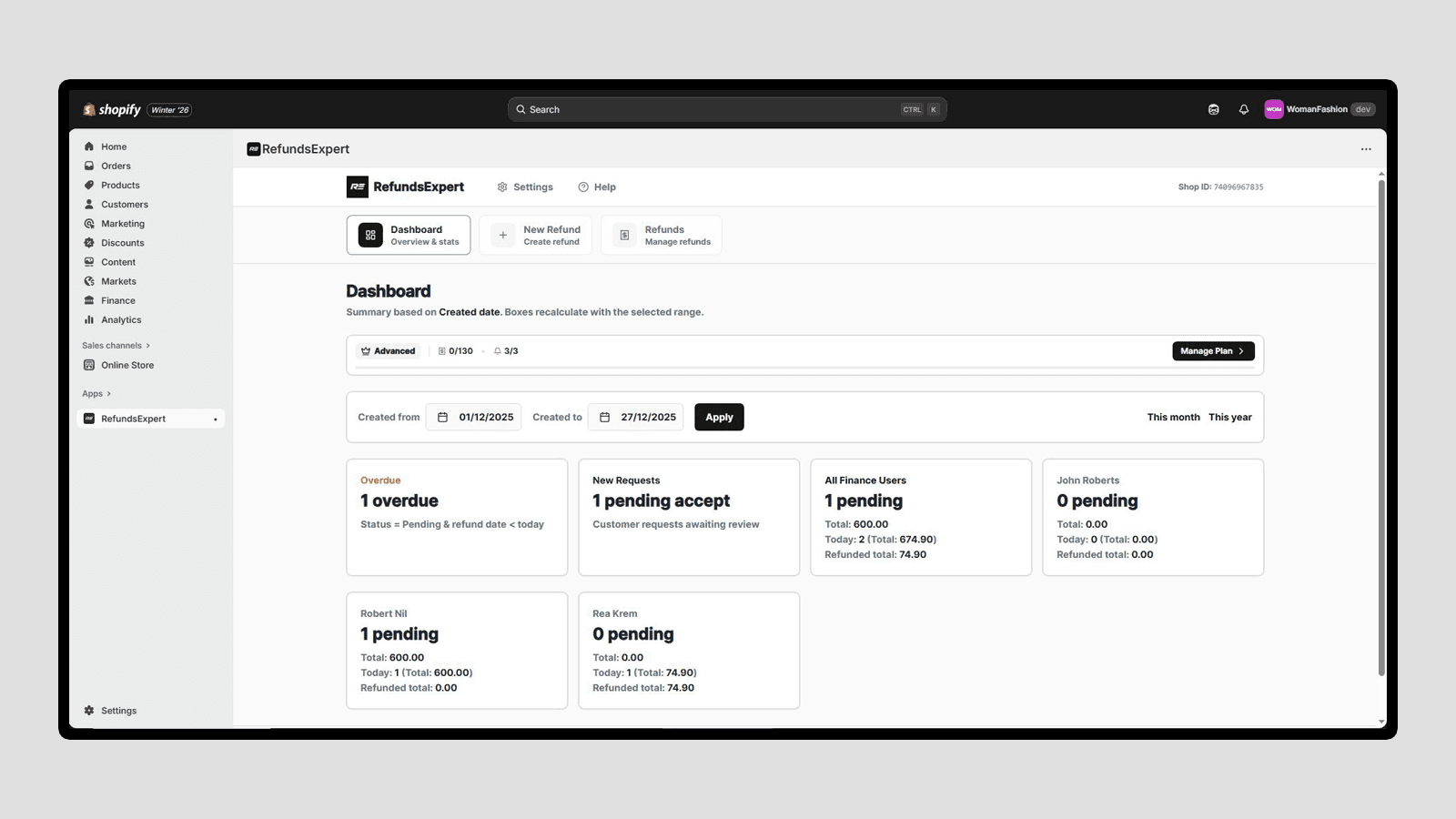 RefundsExpert dashboard with refund stats and pending overview