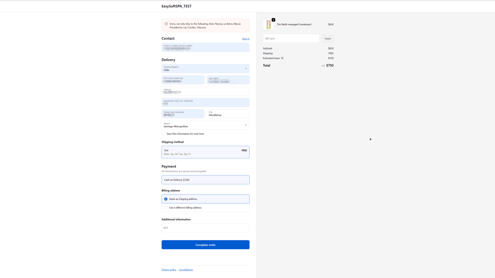 Checkout blocked on not listed city