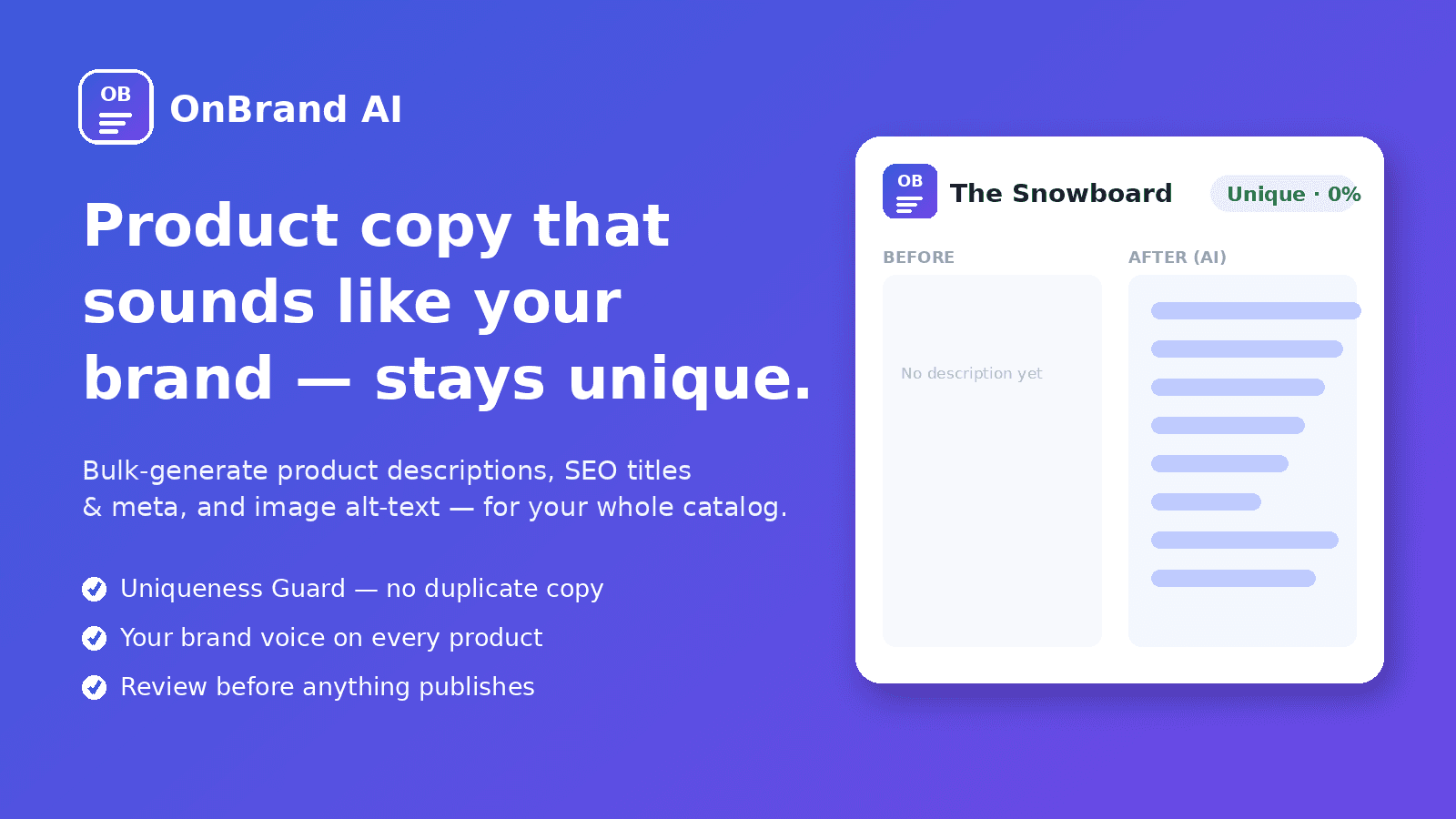 OnBrand AI generates unique, on-brand product copy and SEO