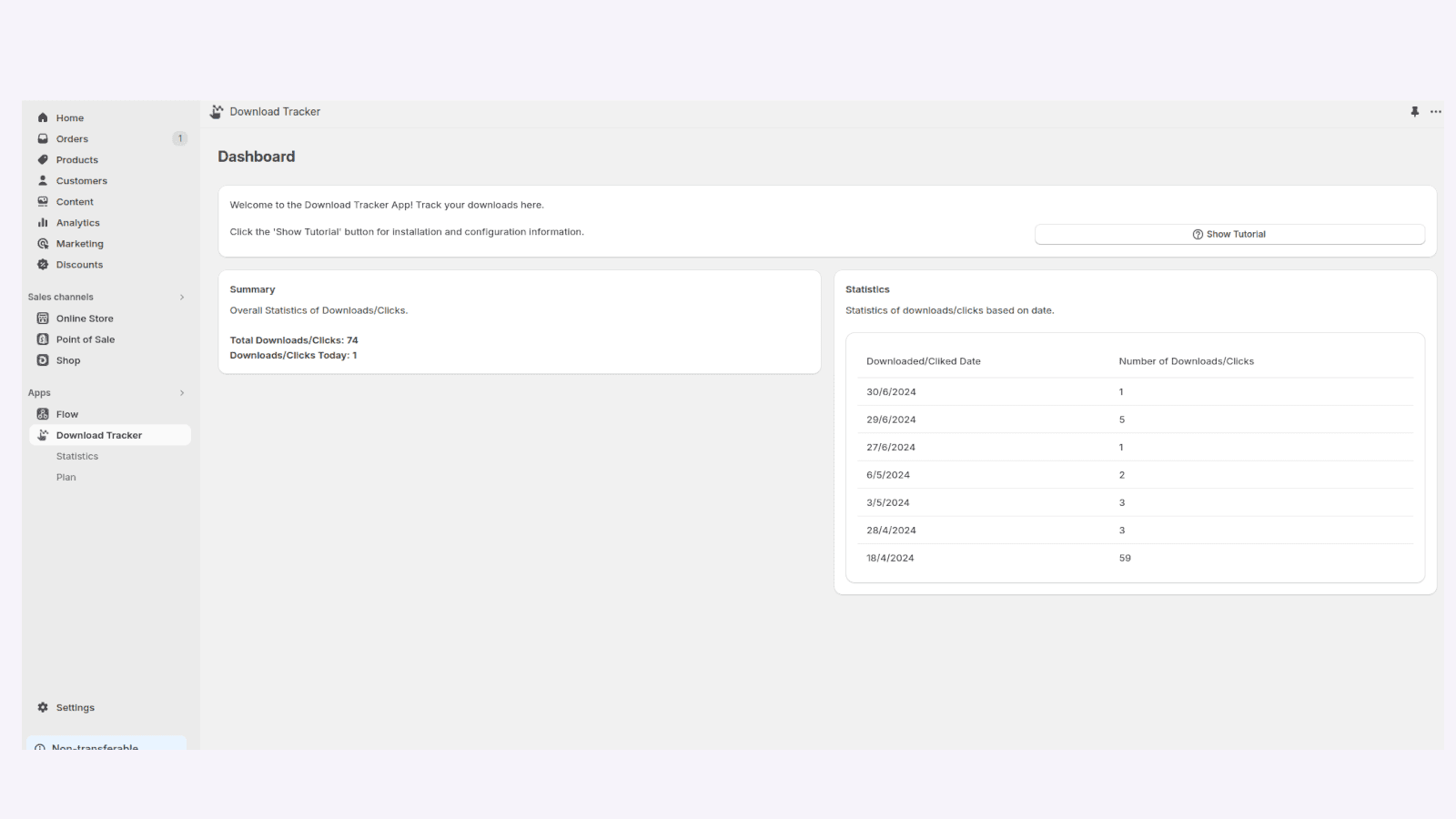 Dashboard with overall and per day download statistics
