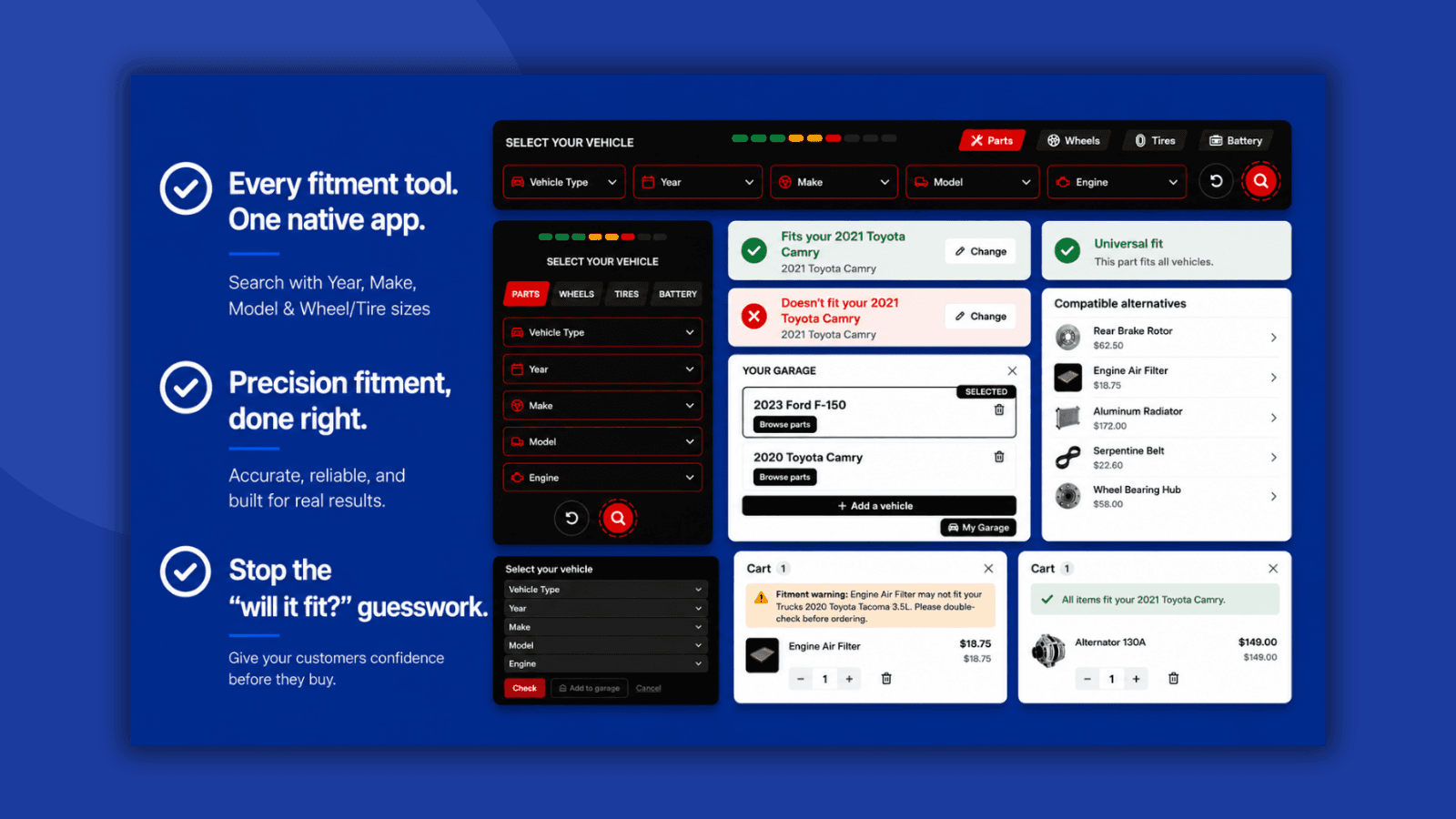 PreFit Pro fitment finder with Year Make Model and fit badges