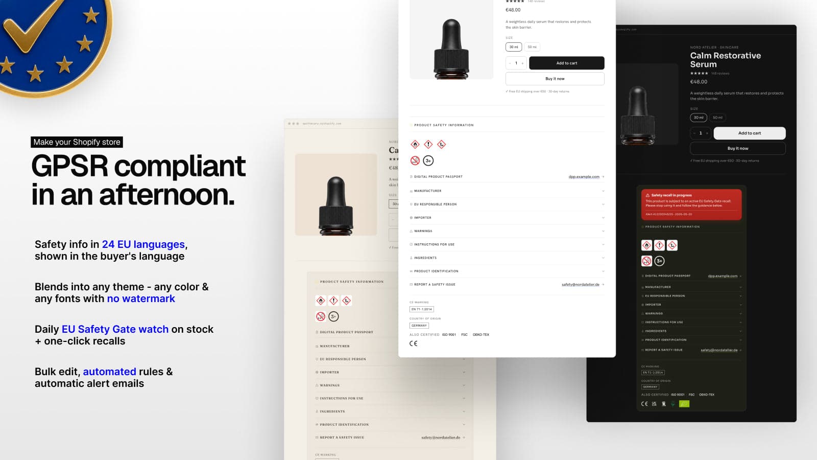 GPSR safety widget shown on three Shopify store themes