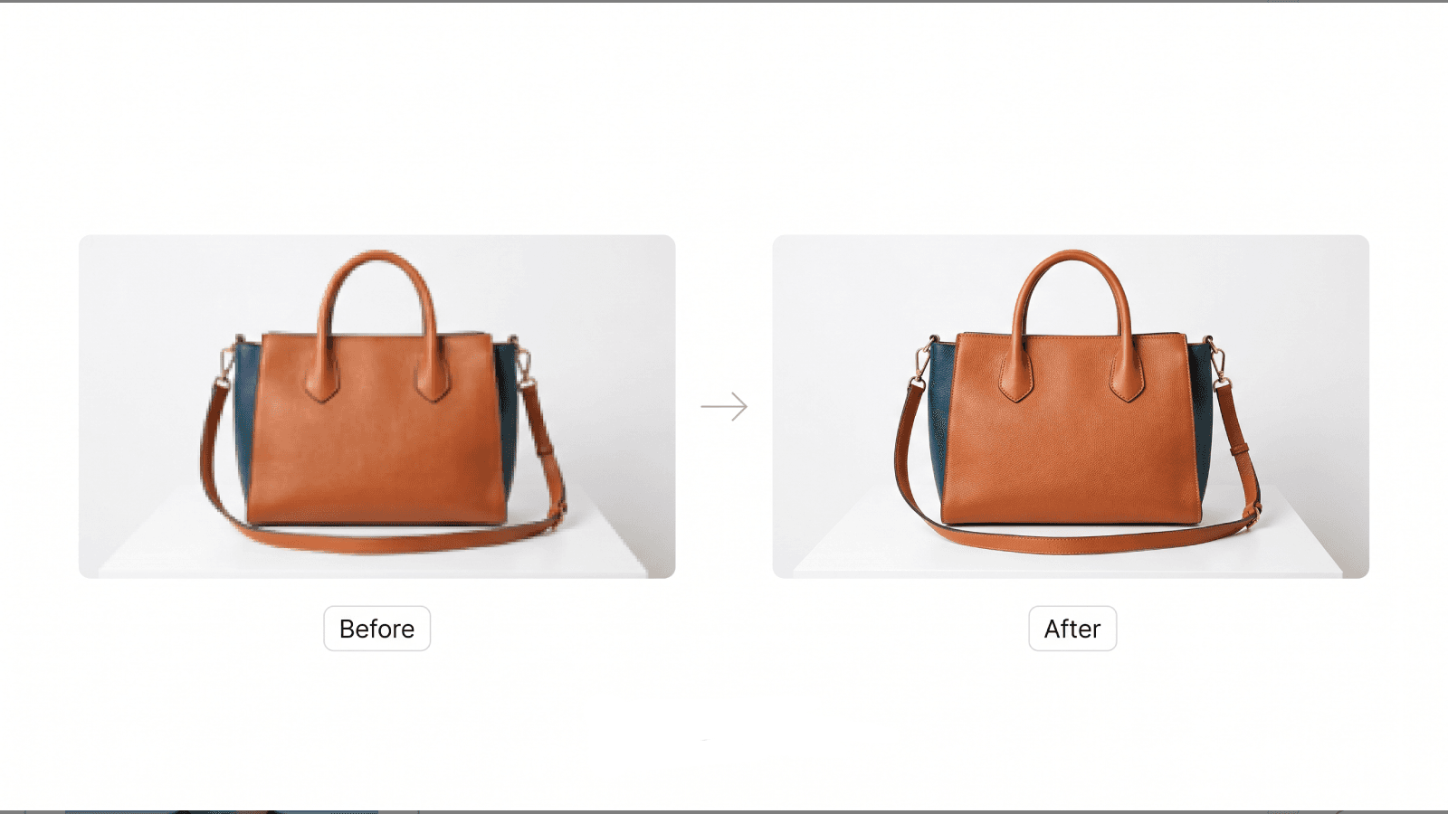 Before and after comparison of a pixelated handbag image