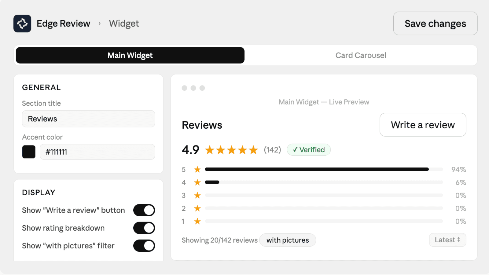 Widget editor for customizing review layout and colors.