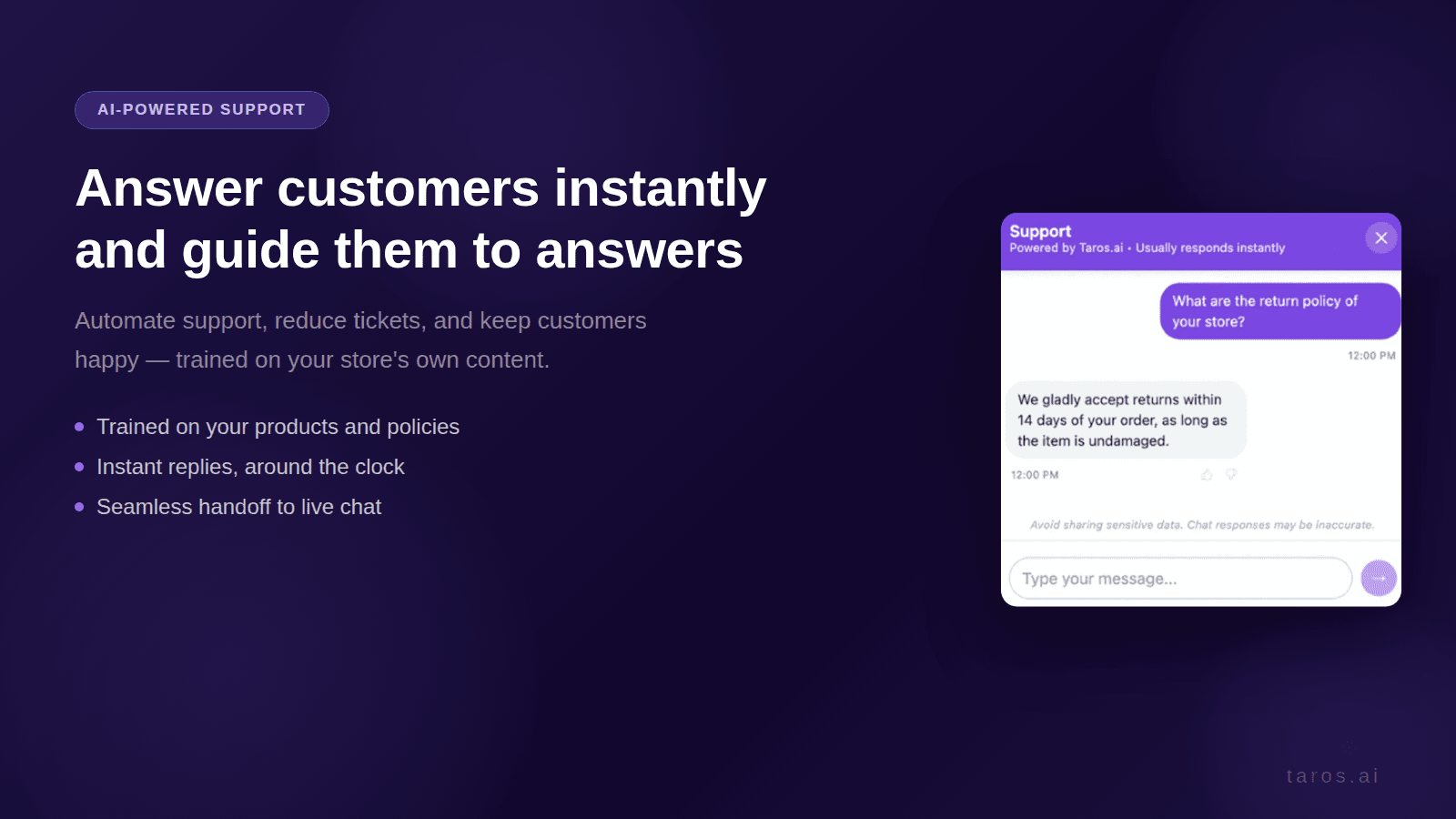 Taros AI chat widget answering a customer question.